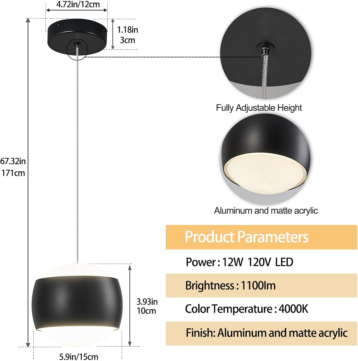 Modern Black LED Dimmable Pendant Light fixtures,6″ Island Pendant Lighting for Kitchen Island Dinning Room,Bedroom,Bar, Kitchen Island Ceiling Hanging Light Fixtures(black-1-Pack)