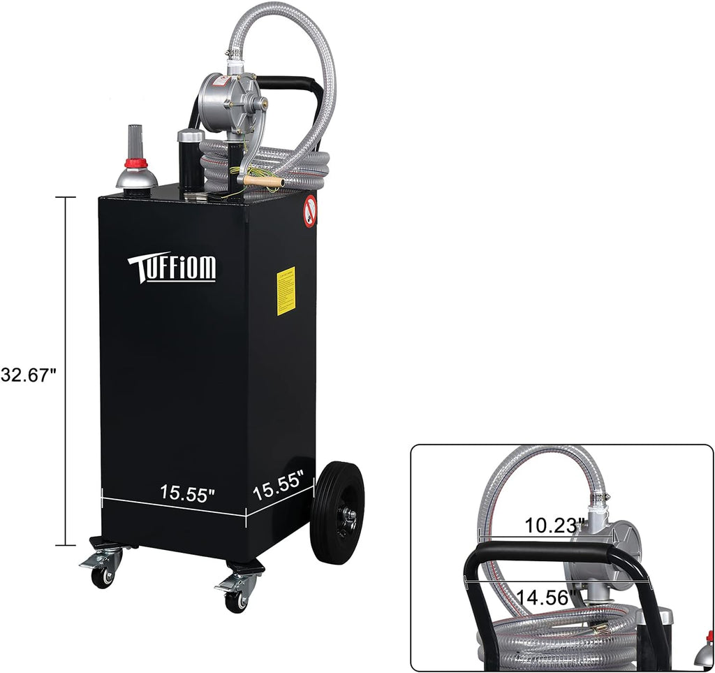 TUFFIOM 35 Gallon Fuel Gas Caddy w/Wheels & Manual Siphon Pump, Portable Diesel Fuel Transfer Storage Tank w/11.9ft Hose, Gasoline Can Container for ATV Car Mowers Tractor Boat Motorcycle