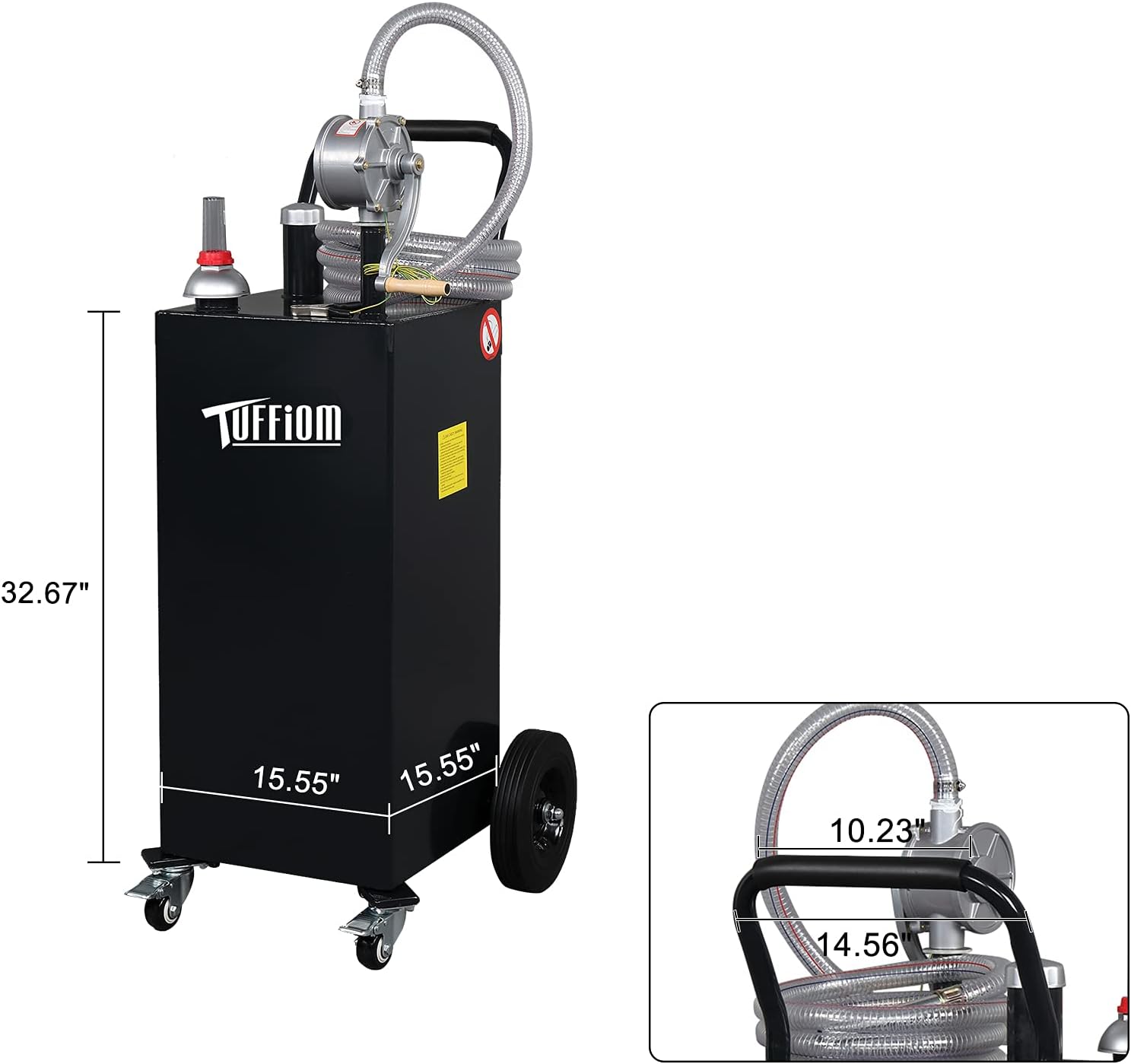 TUFFIOM 35 Gallon Fuel Gas Caddy w/Wheels & Manual Siphon Pump, Portable Diesel Fuel Transfer Storage Tank w/11.9ft Hose, Gasoline Can Container for ATV Car Mowers Tractor Boat Motorcycle
