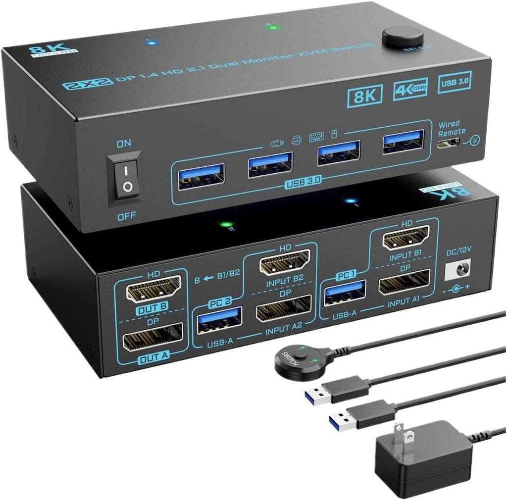 8K Displayport 1.4 + HDMI 2. Dual Monitor KVM Switch Monitors Computers Ports Max Support 8K@60Hz/4K@144Hz Exclusive Sale(AU Power Adapter)