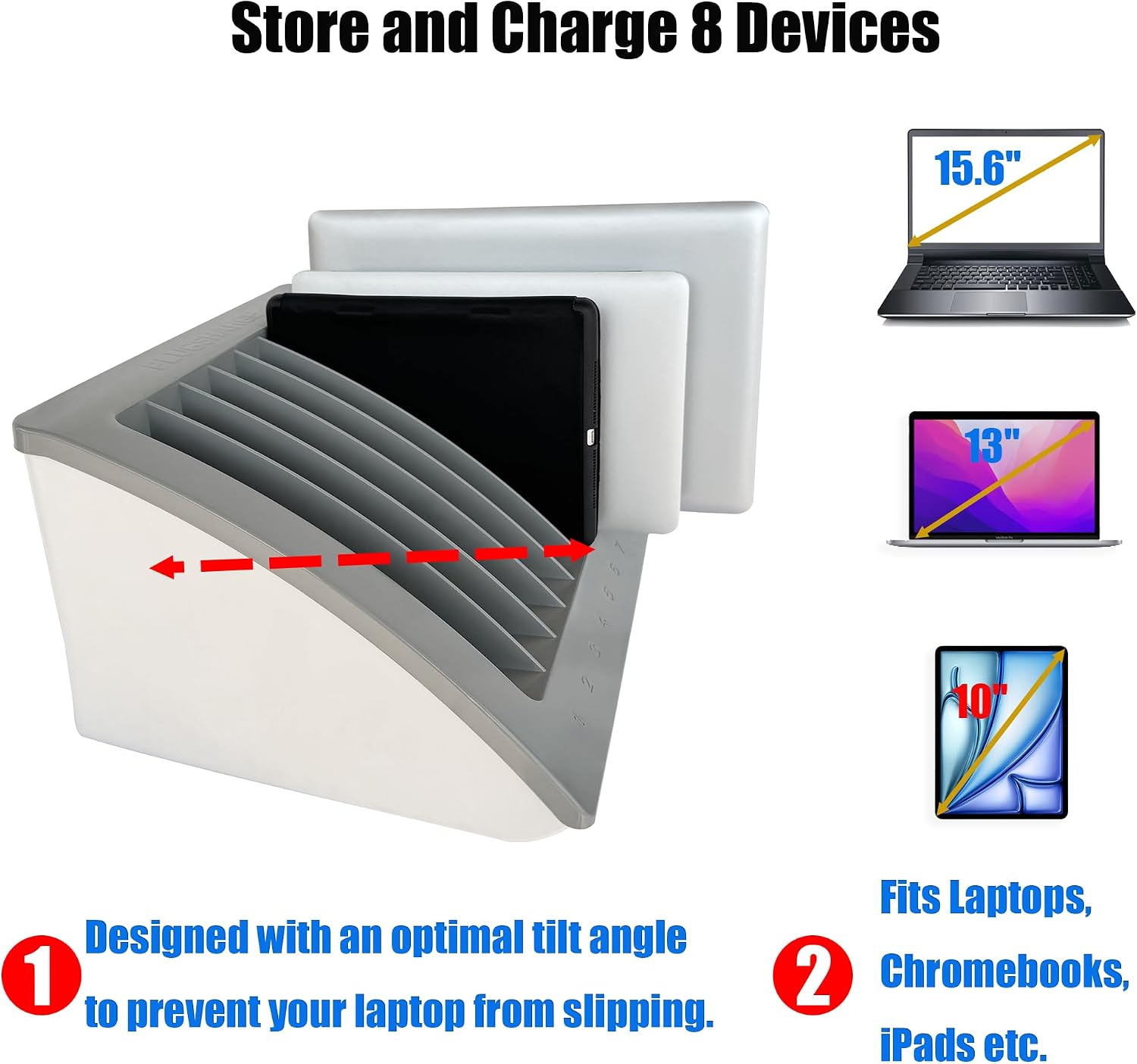 6-Pack | 8-Device Laptop & Tablet Charging Station for Multiple Laptops - Chromebook Organizer for Classroom & Office - Fits up to 17'' Screensize and 1.375'' Thick