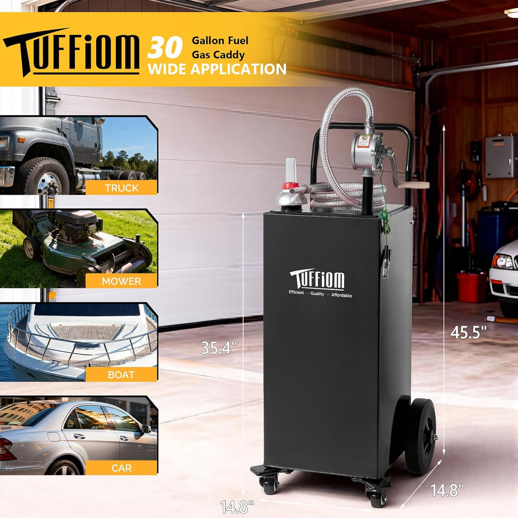 TUFFIOM 30 Gallon Fuel Gas Caddy with Swivel Wheels & Manual Siphon Pump, Portable Diesel Transfer Storage Tank w/8.9ft Hose, Gas Can for ATV Car Mowers Tractor Boat Motorcycle