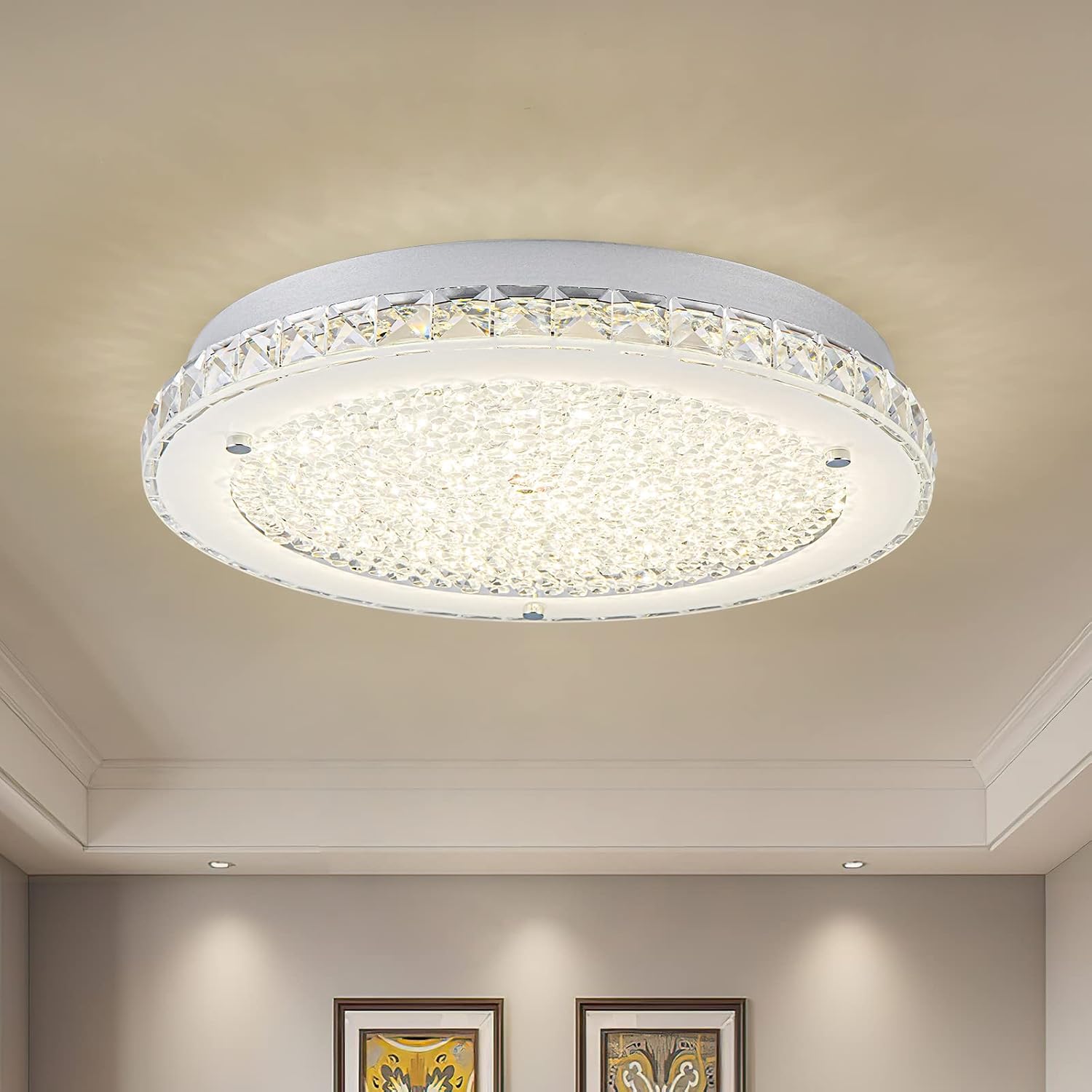 Crystal Ceiling Light Fixture LED Crystal Flush Mount Ceiling Light Dimmable LED Flush Mount Chandelier Light for Hallway, Bathroom, Laundry, Dining Room, Round, 4000K, 24W, 2640LM, 14'