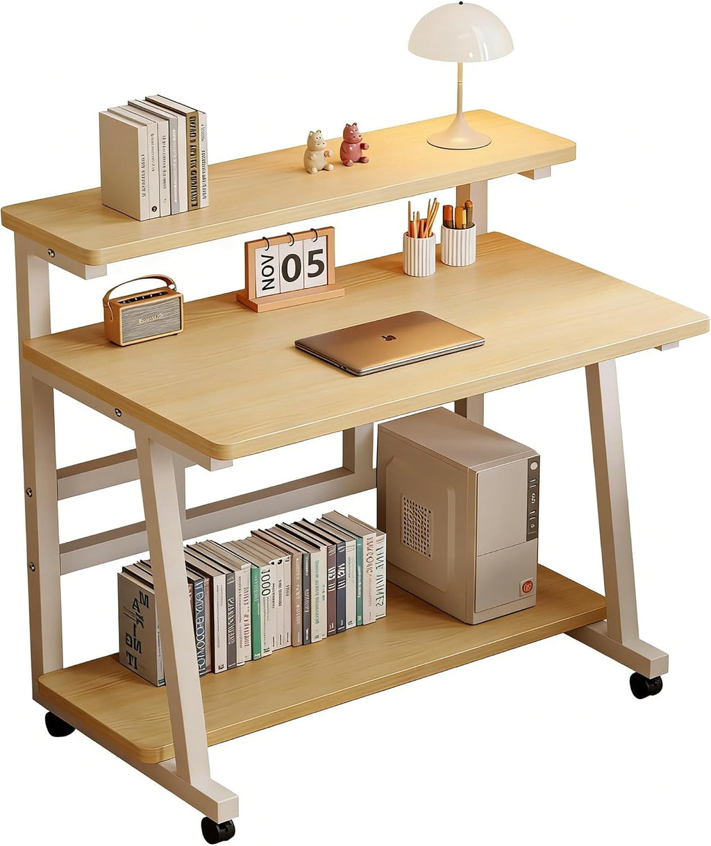 47.2 Inch Compact Rolling Computer Desk with Tier Worktable & Lockable Wheels, Small Computer Desk, Small Desk for Bedroom, Mobile Writing Workstation Easy Assembly for Home Office Small Spaces