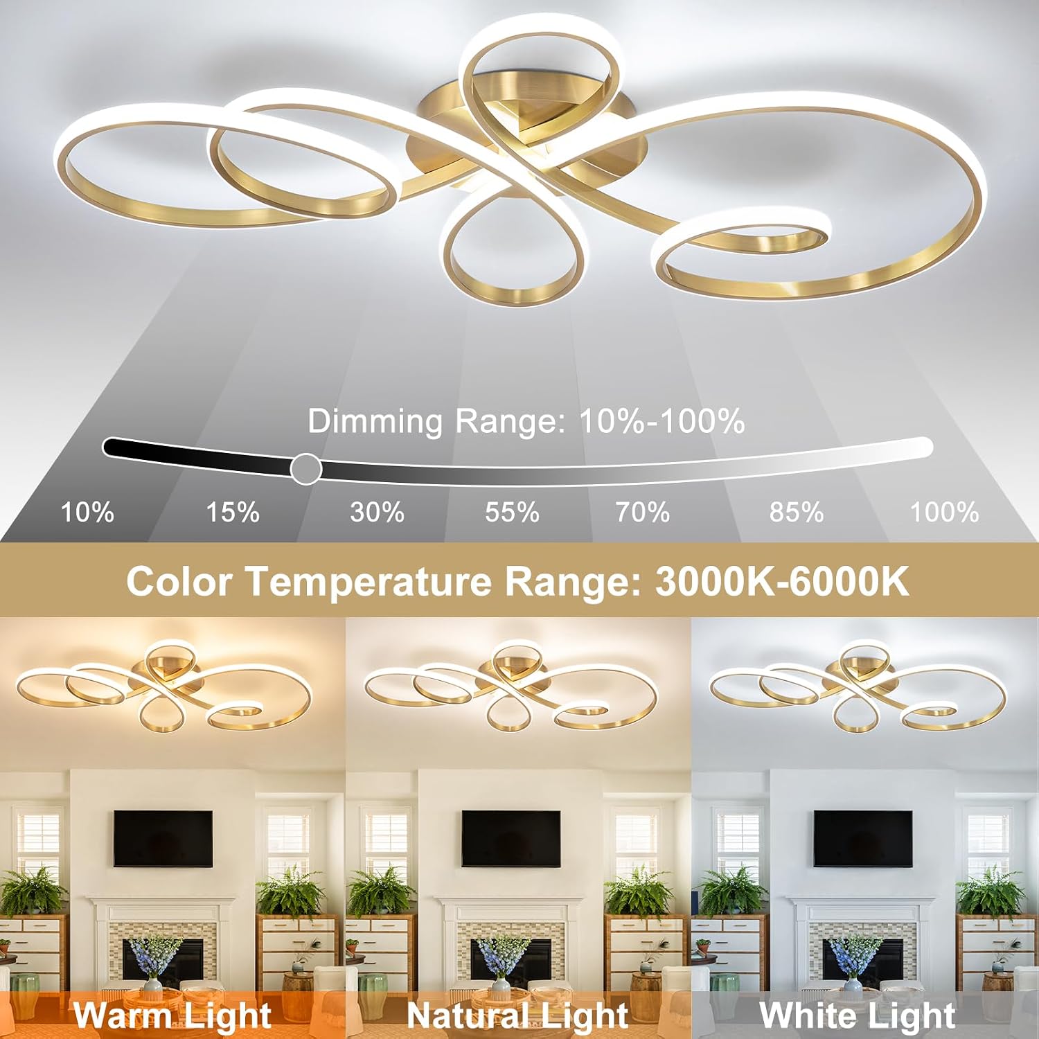20inch Modern LED Ceiling Light, 5 Rings Flower Black Dimmable Ceiling Lamp for Living Room, Bedroom, Dining Room, Kitchen (Gold,39.37Inch)