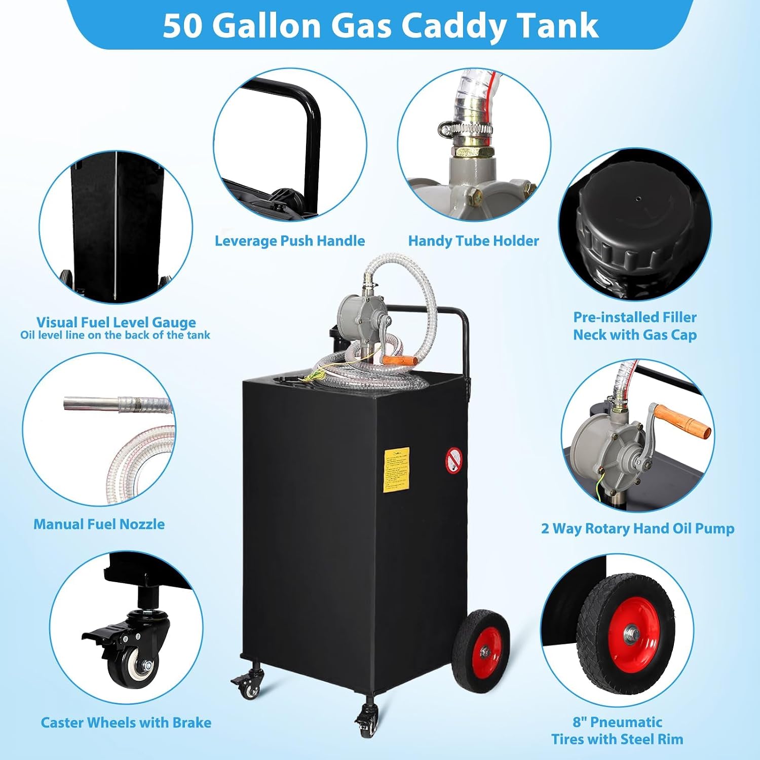 Gas Can 50 Gallon, Portable Fuel Tank with Manual Transfer Pump on, Diesel Fuel Can for Gasoline and Diesel, Compatible with Cars, Lawn Mowers, ATVs, Boats, More