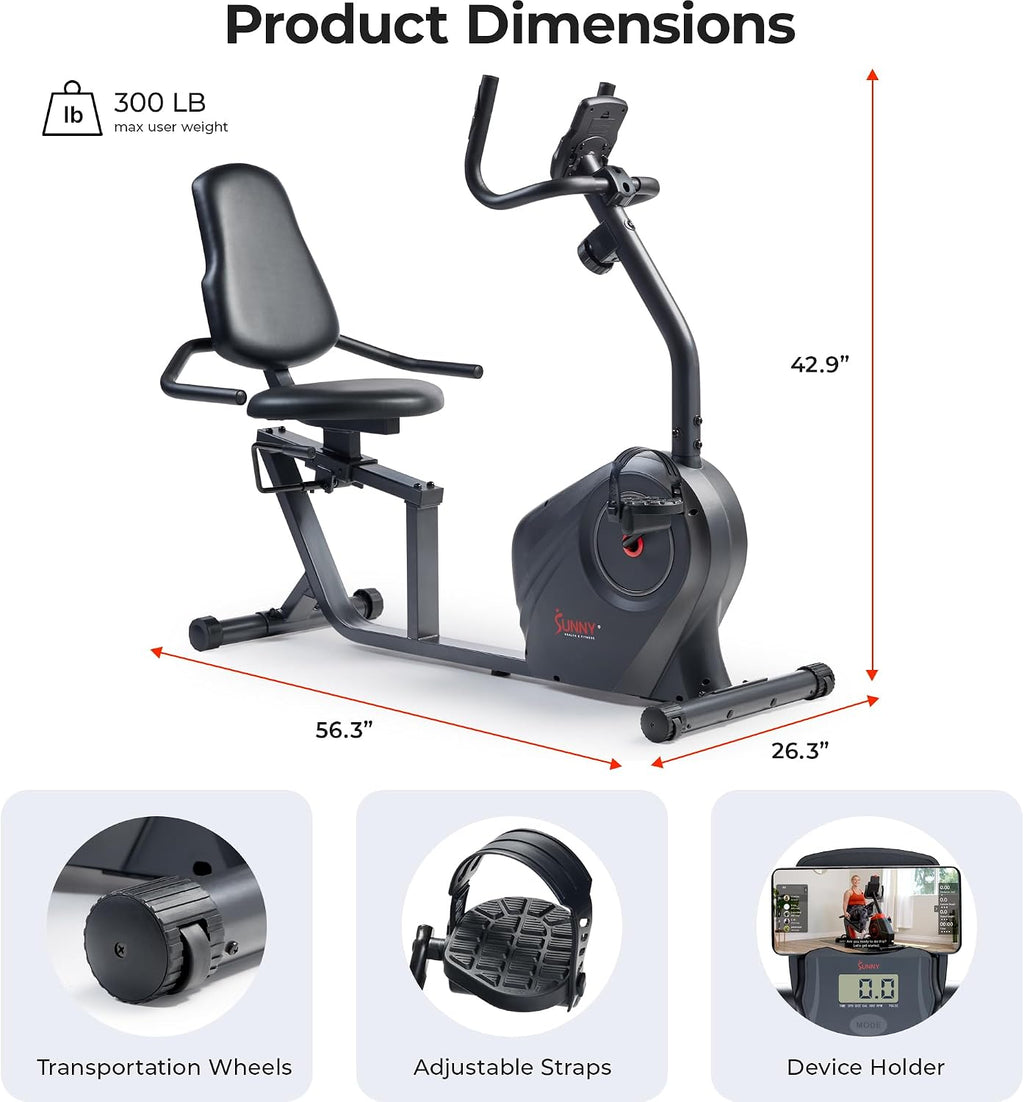 Sunny Health & Fitness Smart Recumbent Bike, Wide Cushioned Seat & Back, Indoor Cycling Machine for Adult/Seniors Home Exercise, Free SunnyFit App Connection