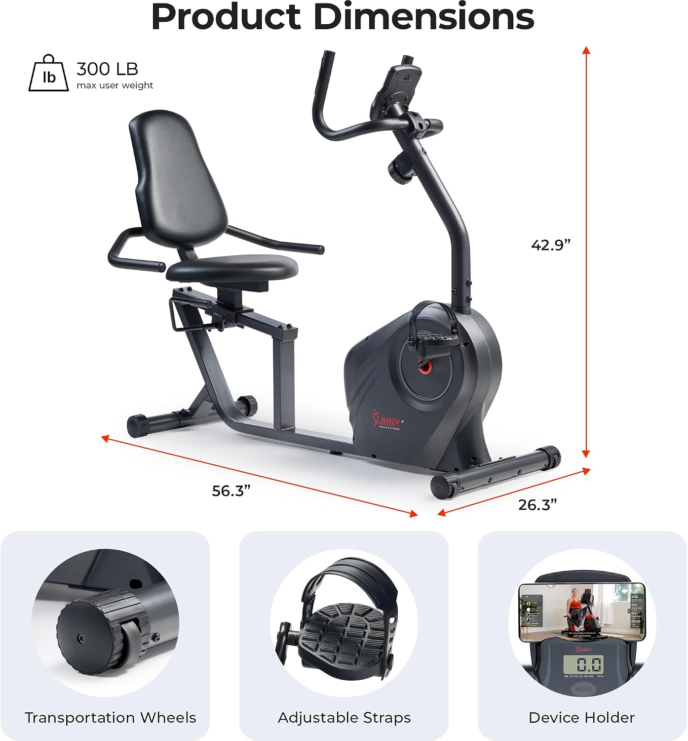 Sunny Health & Fitness Smart Recumbent Bike, Wide Cushioned Seat & Back, Indoor Cycling Machine for Adult/Seniors Home Exercise, Free SunnyFit App Connection