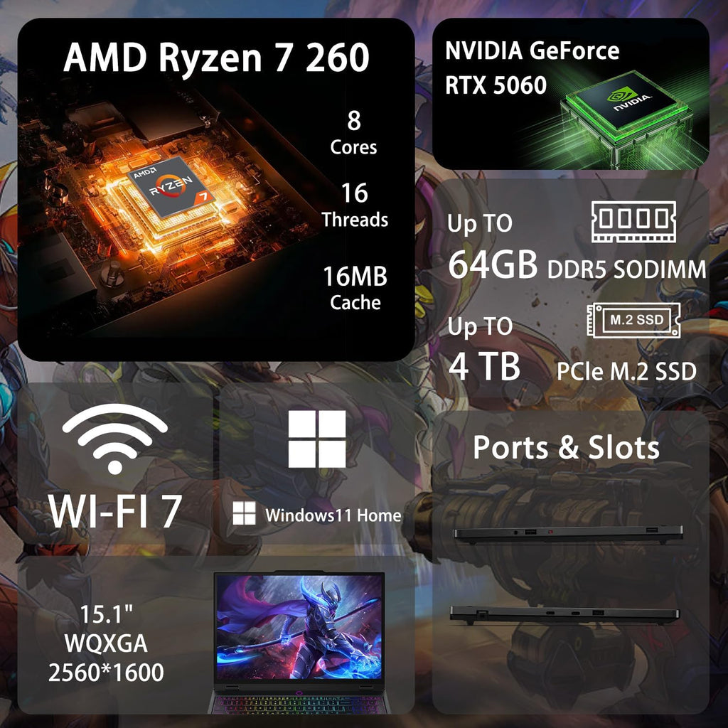 PCONLINE Lenovo Legion 5 15AHP10 RTX 5060 Gaming Laptop, 15.1' OLED WQXGA 165Hz 500Nits, AMD Ryzen 7 260, 16GB DDR5 RAM, 1TB SSD, RGB Backlit KB, W11H, Wi-Fi 7, Bundle with PCO Laptop Cooler