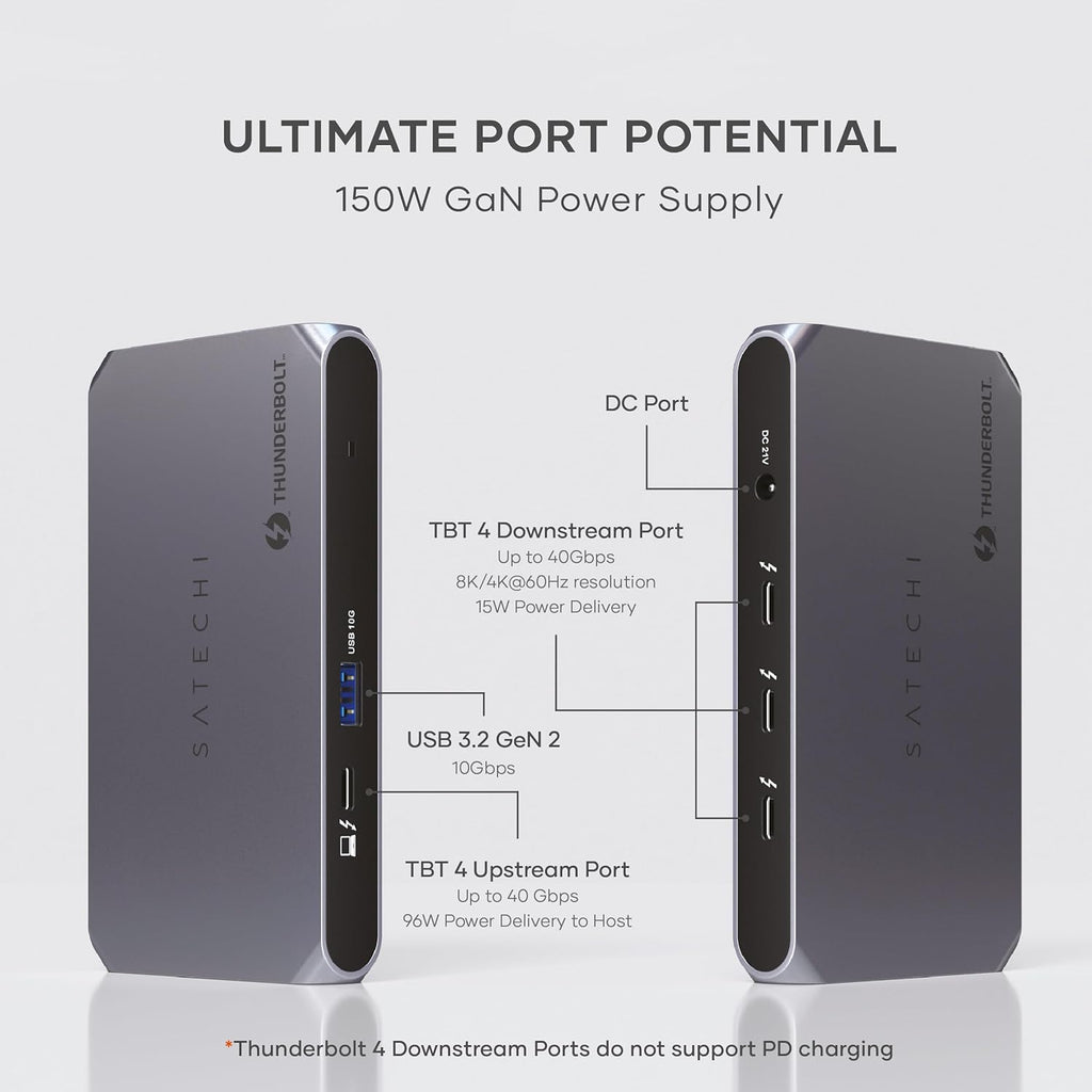 Satechi Thunderbolt 4 Dock Slim Hub Pro, USB C 100W Charging, Single 8K or Dual 4K Display, 4 Thunderbolt 4 Ports, USB 3.2 Gen2, for Mac/Windows, MacBook Air/Pro, Dell, Surface, Lenovo
