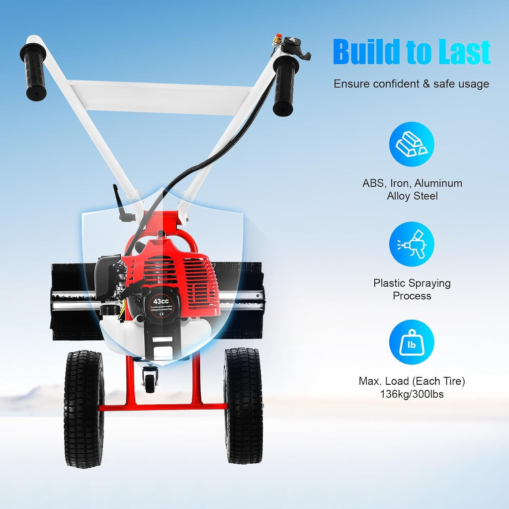 1.7HP 2 Stroke Hand Push Industrial Sweeper - 43CC Gas Power with Air Cooling System - Portable Outdoor Snow & Lawn Cleaner