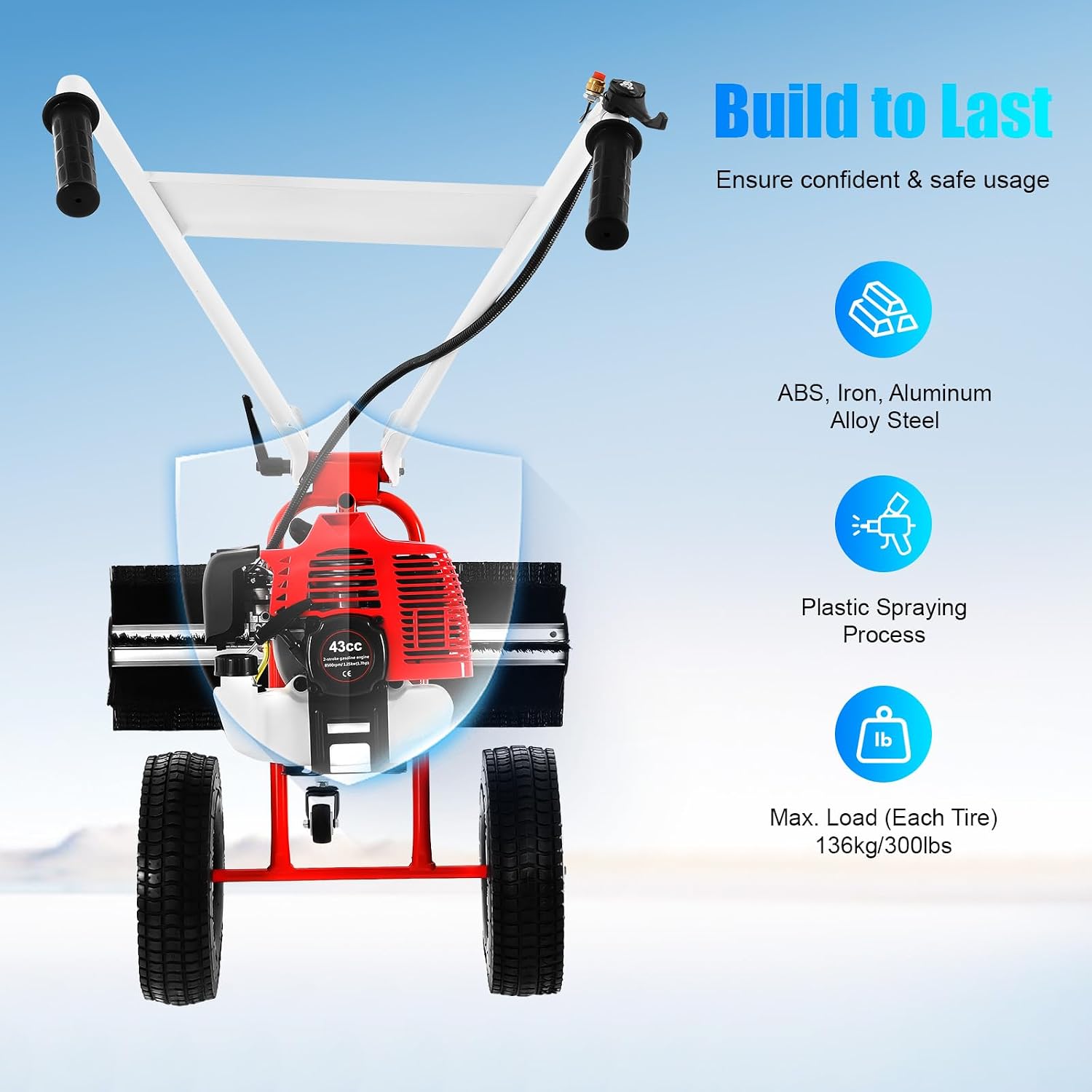 43CC 2 Stroke 1.7HP Gas Power Broom Sweeper 1250W Walk Behind Lawn Yard Sweeper Handheld Push Lawn Sweepers Walk Behind Lawn Mower for Driveways Lawns Sidewalks