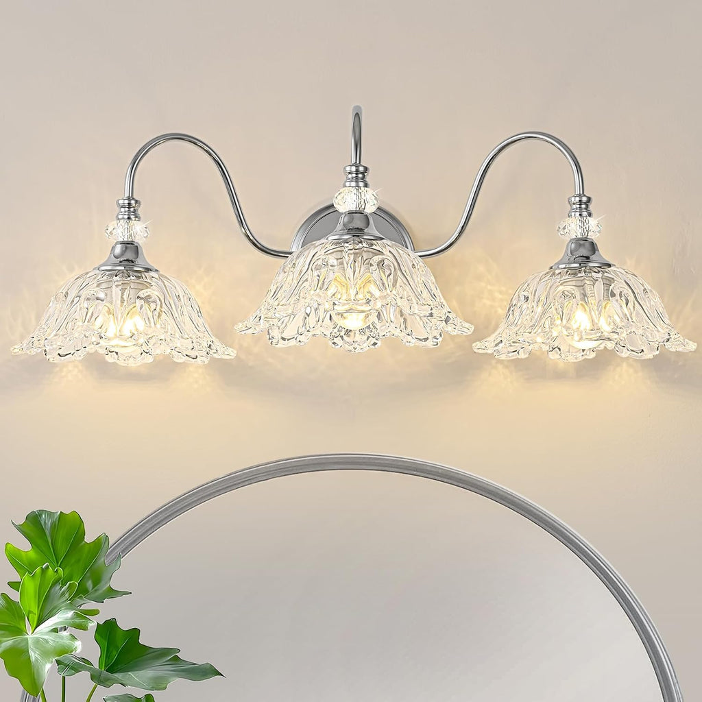 Brushed Chrome 3-Light Bathroom Vanity Light with Floral Clear Glass Shades, Modern Wall Mount Lighting for Bathroom, Dressing Table
