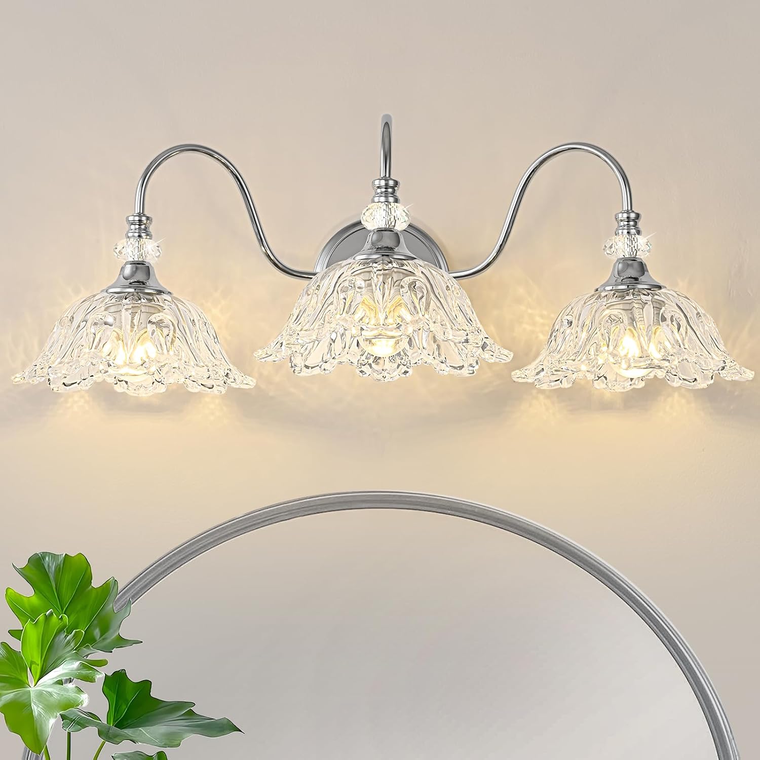 Brushed Chrome 3-Light Bathroom Vanity Light with Floral Clear Glass Shades, Modern Wall Mount Lighting for Bathroom, Dressing Table