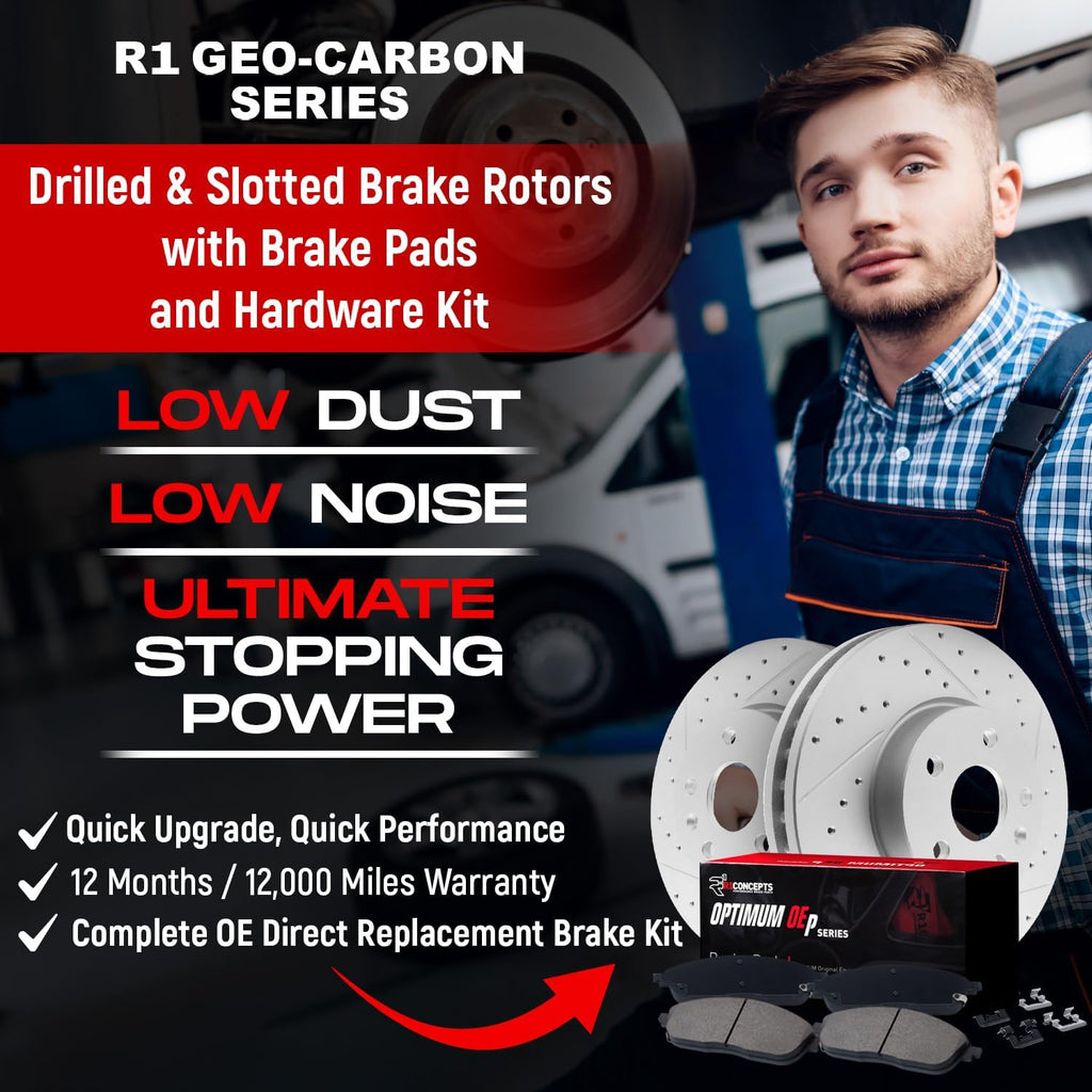 R1 Concepts Front Brake Kit Fits 2011-2019 Ford Fiesta| Optimum Oep Pads, Drilled Slotted Rotors| Hardware| 10.2' Front