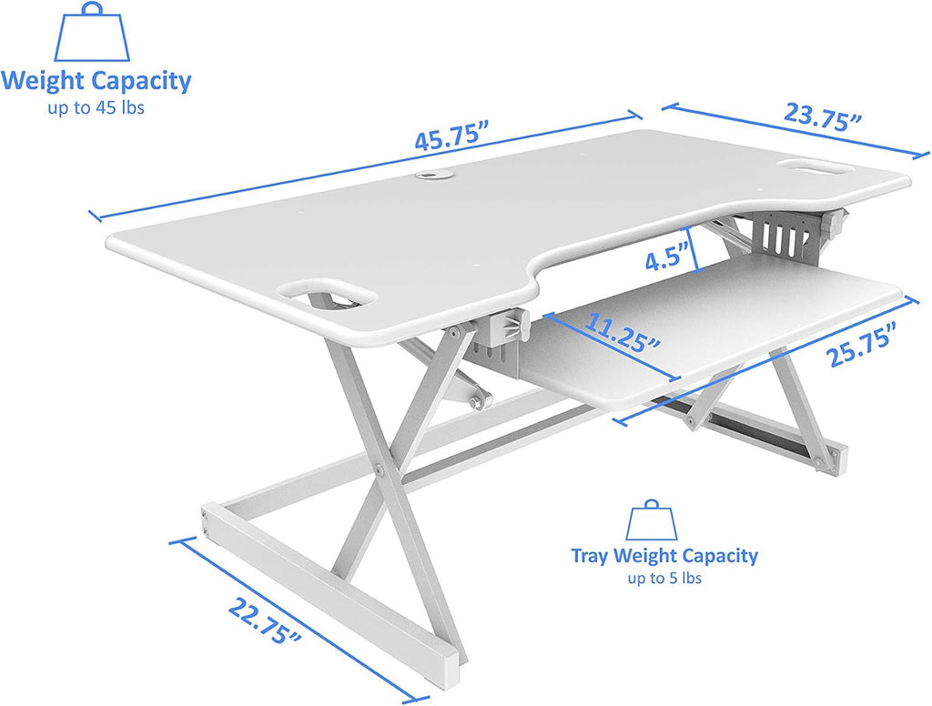 Rocelco 46' Large Height Adjustable Standing Desk Converter - Quick Sit Stand Up Triple Monitor Riser - Gas Spring Assist Computer Workstation - Retractable Keyboard Tray - White (R DADRW-46)