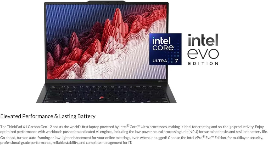 Lenovo Gen 12 ThinkPad X1 Carbon Laptop with Intel Ultra 7 155U Processor, 14' WUXGA 100% sRGB Touchscreen, 32GB 6400MHz RAM, 512GB Gen4 Performance SSD, FHD+ IR+ RGB Camera, and Windows 11 Pro