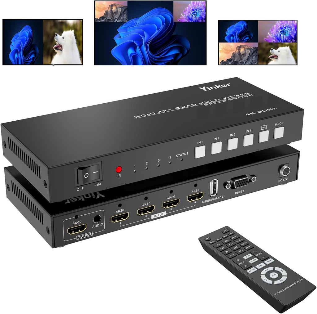 4K HDMI Quad Multi-viewer 4x1, Yinker 4 in 1 Out HDMI Quad Switcher 4 to 1 Screen Multiviewer for 4K@60Hz, Supports Audio Extractor & Screen Rotation & 8 Display Modes PIP PBP & IR Remote & RS232