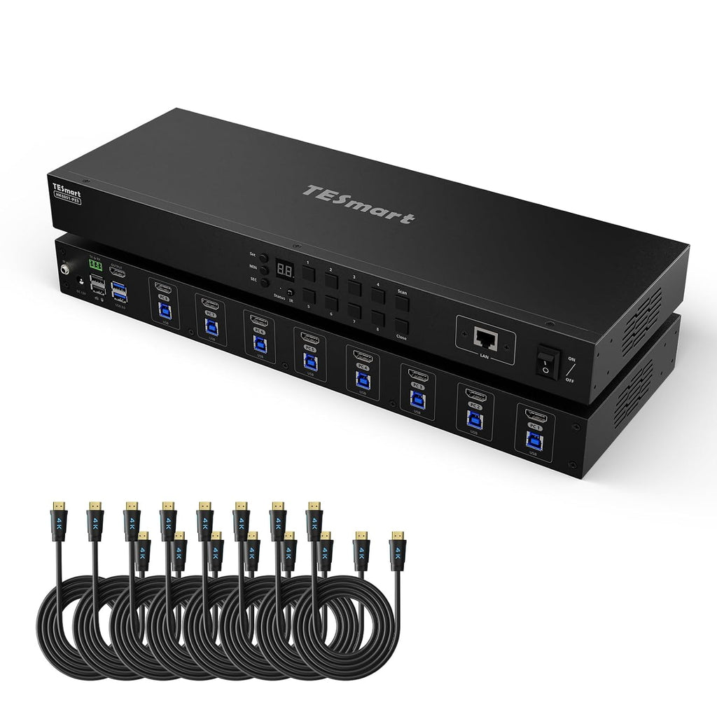 TESmart USB 3.0 HDMI KVM Switch 8 Port 4K@60Hz, 8X1 Rackmount KVM Enterprise-Grade EDID Emulator | Hotkey Switch | RS232 | LAN Port | IR Remote | IP Control | Auto Scan | with 8 Pcs 5ft KVM Cable