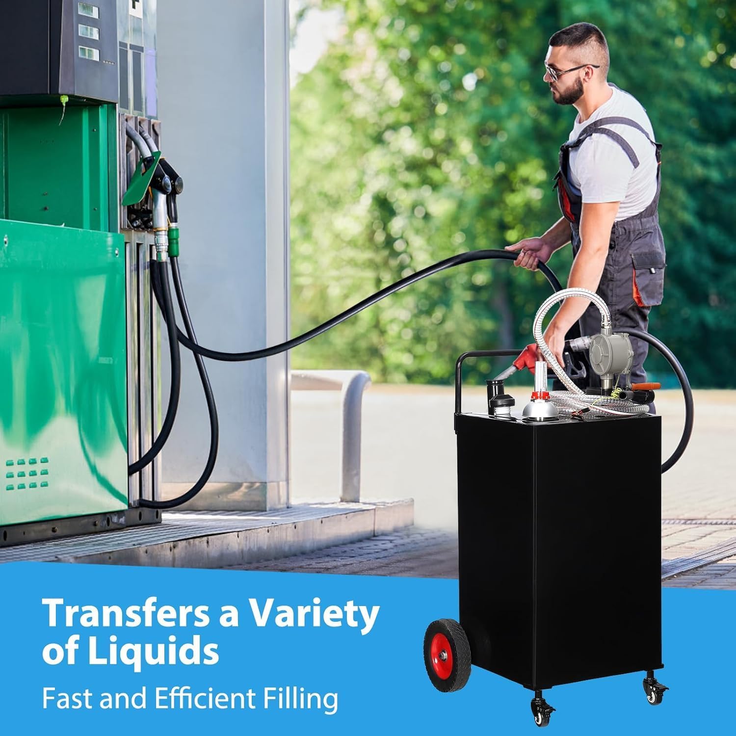 35 Gallon Portable Fuel Caddy with Manual Pump, Heavy Duty Gasoline & Diesel Transfer Tank On 4 Wheels, Mobile Fuel Storage Container for Truck, Boat, Lawn Mower, ATV, Garage & Farm Use – Black