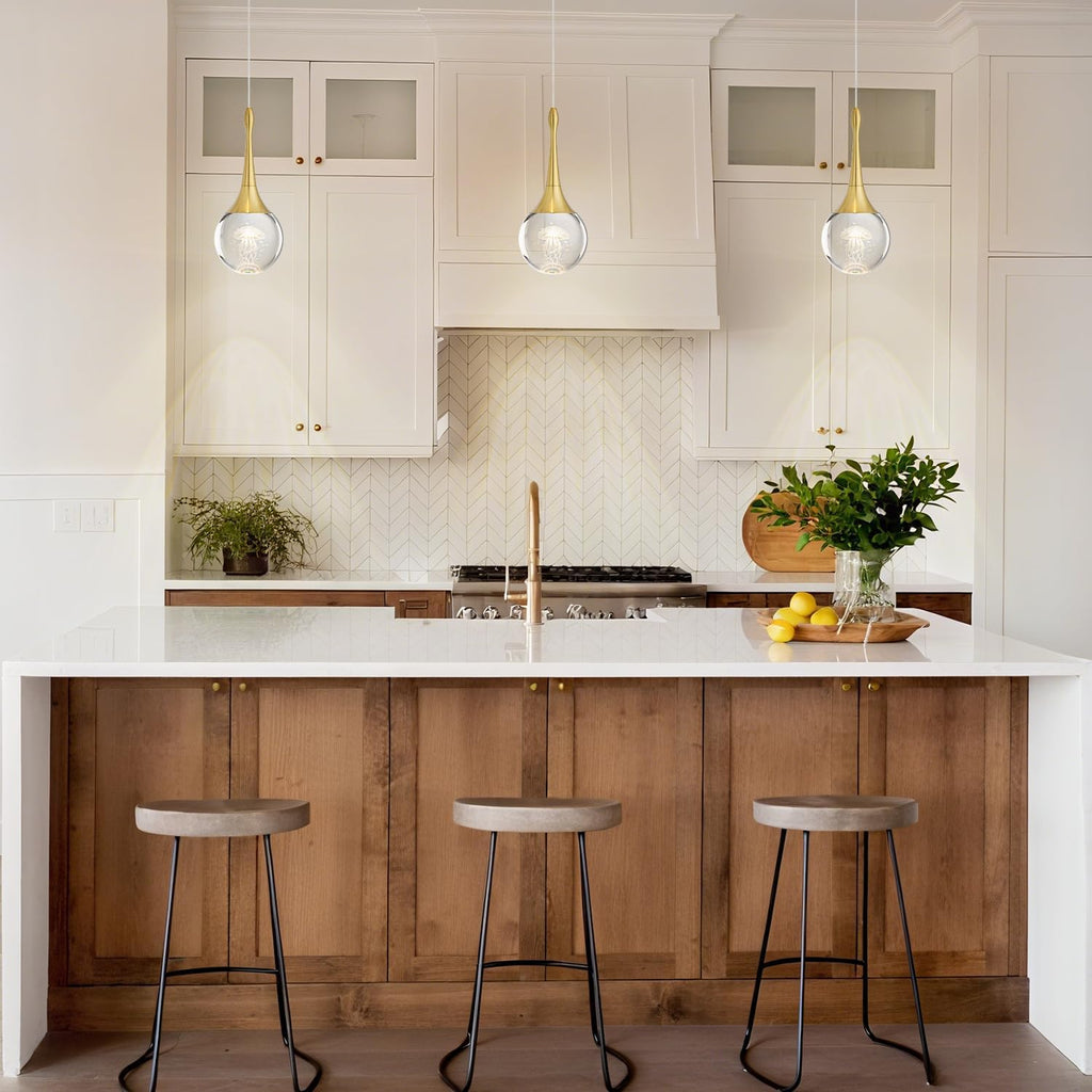 CHYING LED Kitchen Island Pendant Lights 3 Pack Gold Teardrop Pendant Light Bathroom Ceiling Hanging Light Globe Jellyfish Pendant Lighting for Living Room Dining Room Bar 3000K Warm White