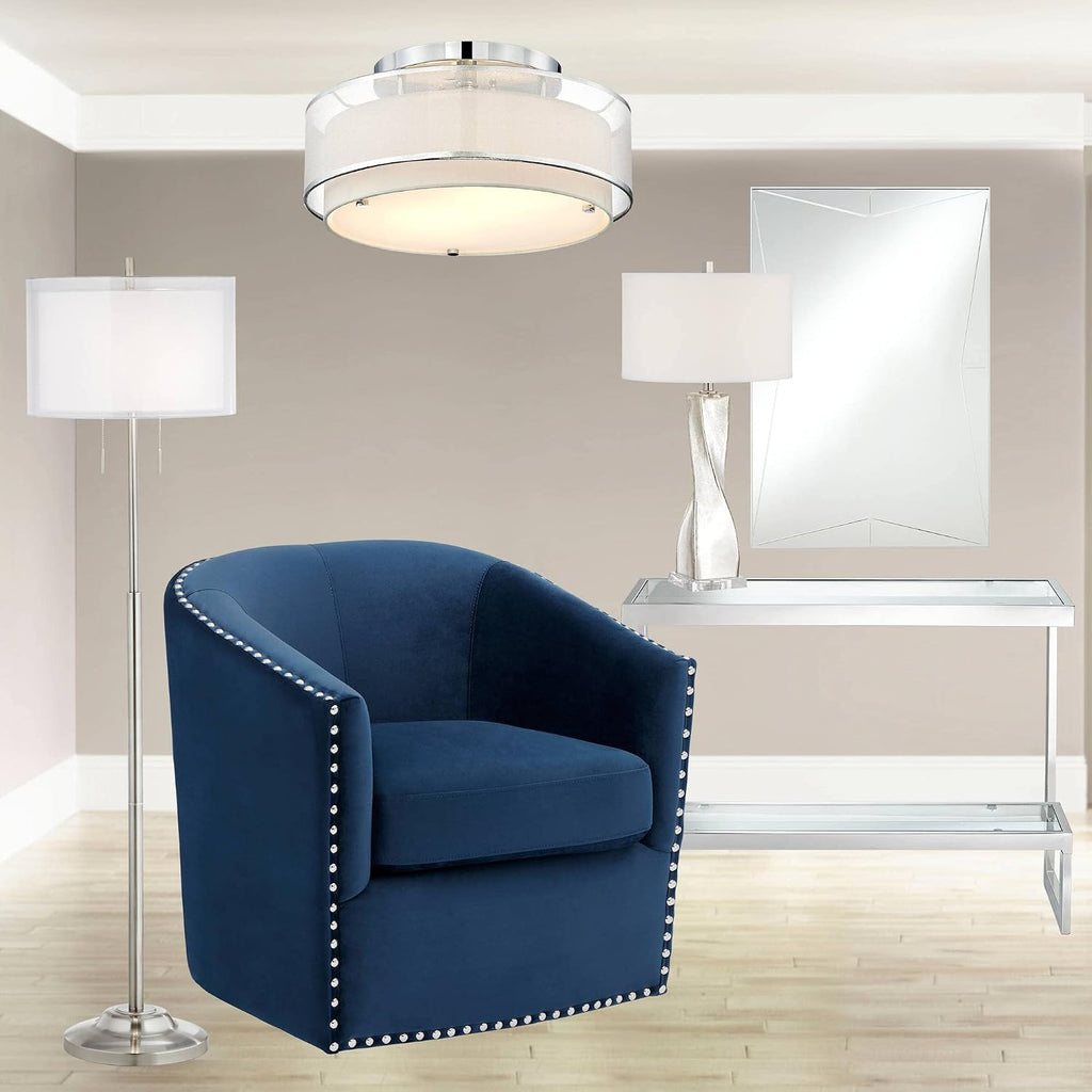 Possini Euro Design Double Organza Modern Ceiling Lighting Semi Flush-Mount Fixture 16' Wide Chrome 2-Light Sheer Fabric Outer Off White Inner Drum Shade for Bedroom Kitchen Living Room Hallway