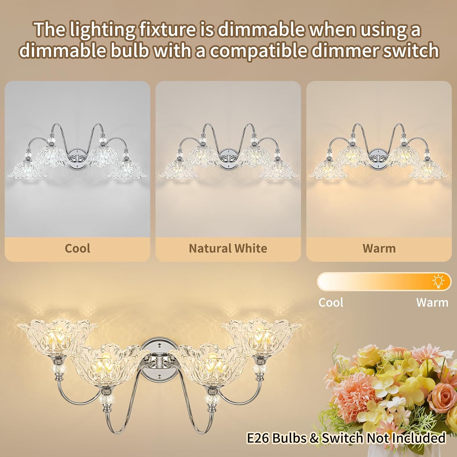 Brushed Chrome 4-Light Bathroom Vanity Light with Floral Clear Glass Shades, Modern Wall Mount Lighting for Bathroom, Dressing Table