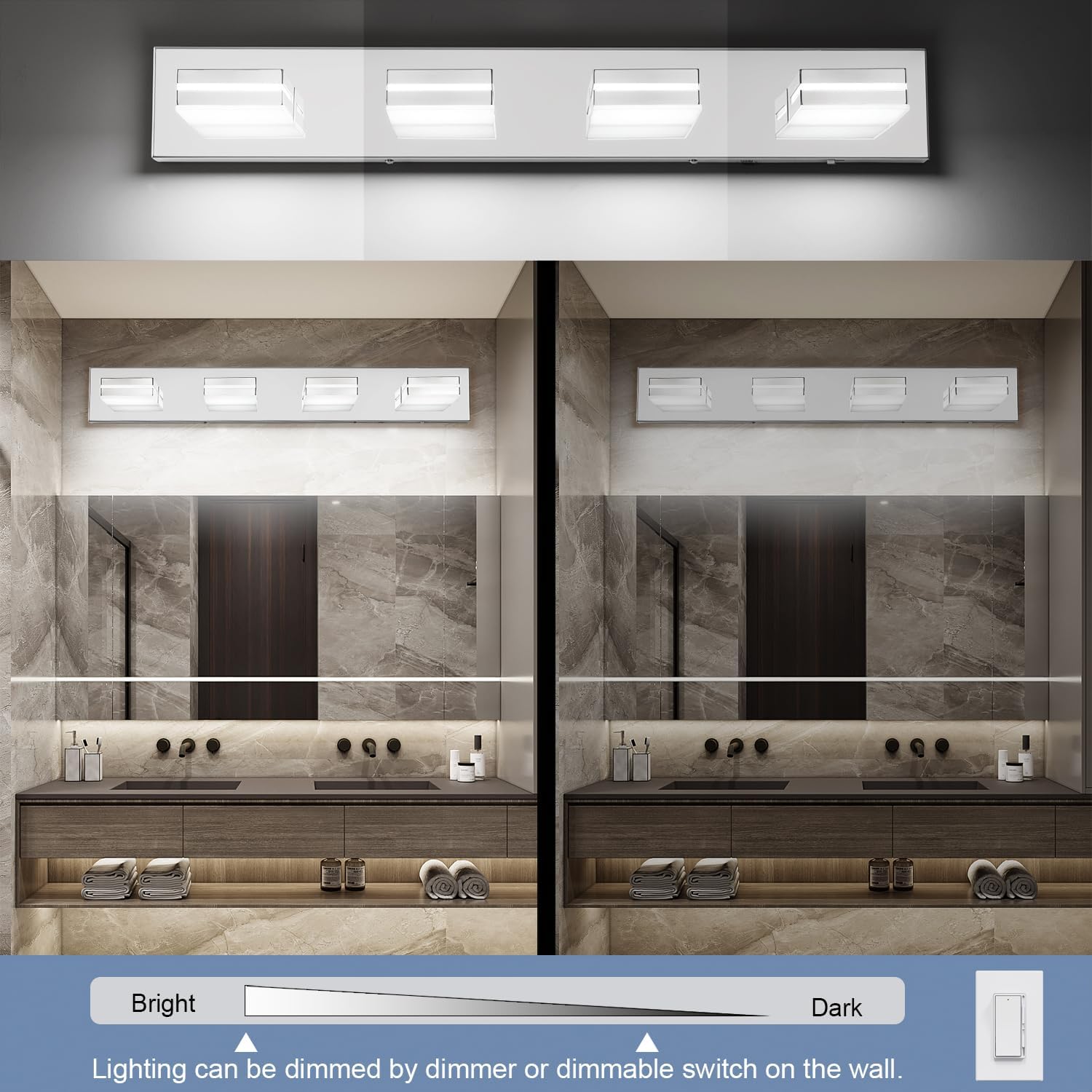 SineRise LED Modern Bathroom Vanity Light Fixtures (4-Light, 30-Inch)(5CCT, Dimmable), Chrome Modern Acrylic Bathroom Wall Lighting Fixtures Over Mirror (3000K/3500K/4000K/5000K/6000K)
