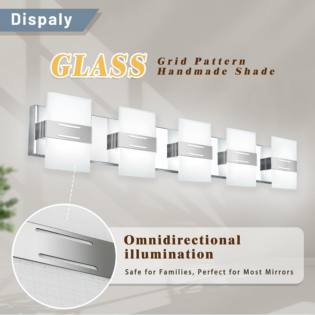 Modern Bathroom Vanity Light, Chrome Vanity Lights for Bathroom Lights Over Mirror with 5-Light Glass Grid Shade,39 Inch LED Dimmable Wall Light Fixtures 3000K/4500K/6000K Stainless Steel