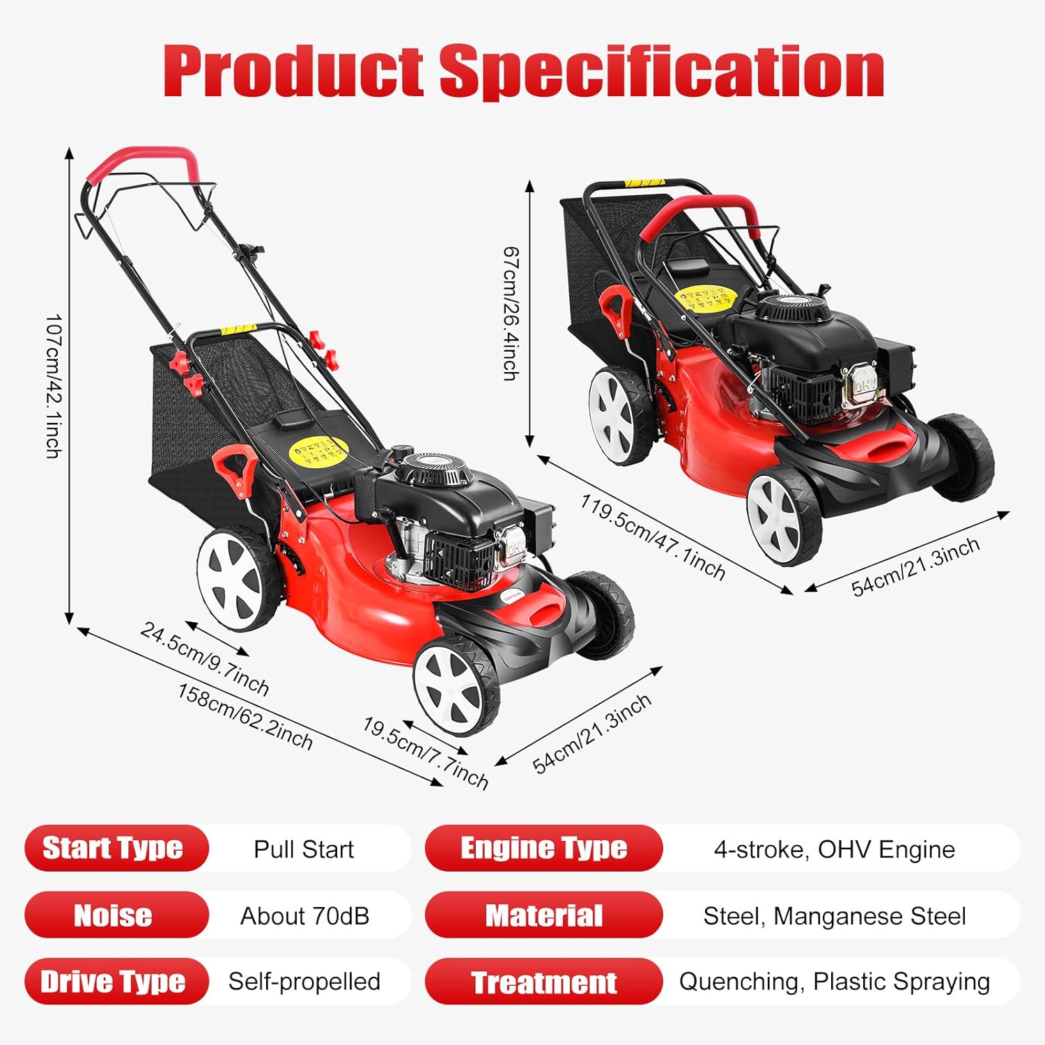 Gas Powered Lawn Mower, 20 Inch 140CC Walk-Behind Push Mower Height Adjustable Push Lawnmower for Outdoor Yards, Red/Black