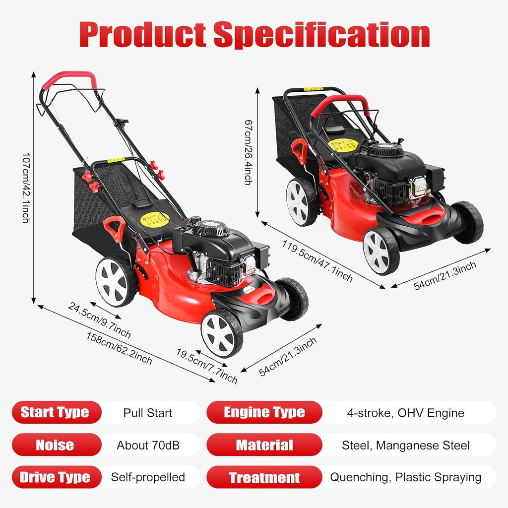 140cc Gas Powered Lawn Mower, Self-Propelled 3-in-1 with Bag, 20-Inch Cutting Deck, 4-Stroke Engine, 8 Adjustable Heights, Walk-Behind Lawn Mower or Medium to Large Yards