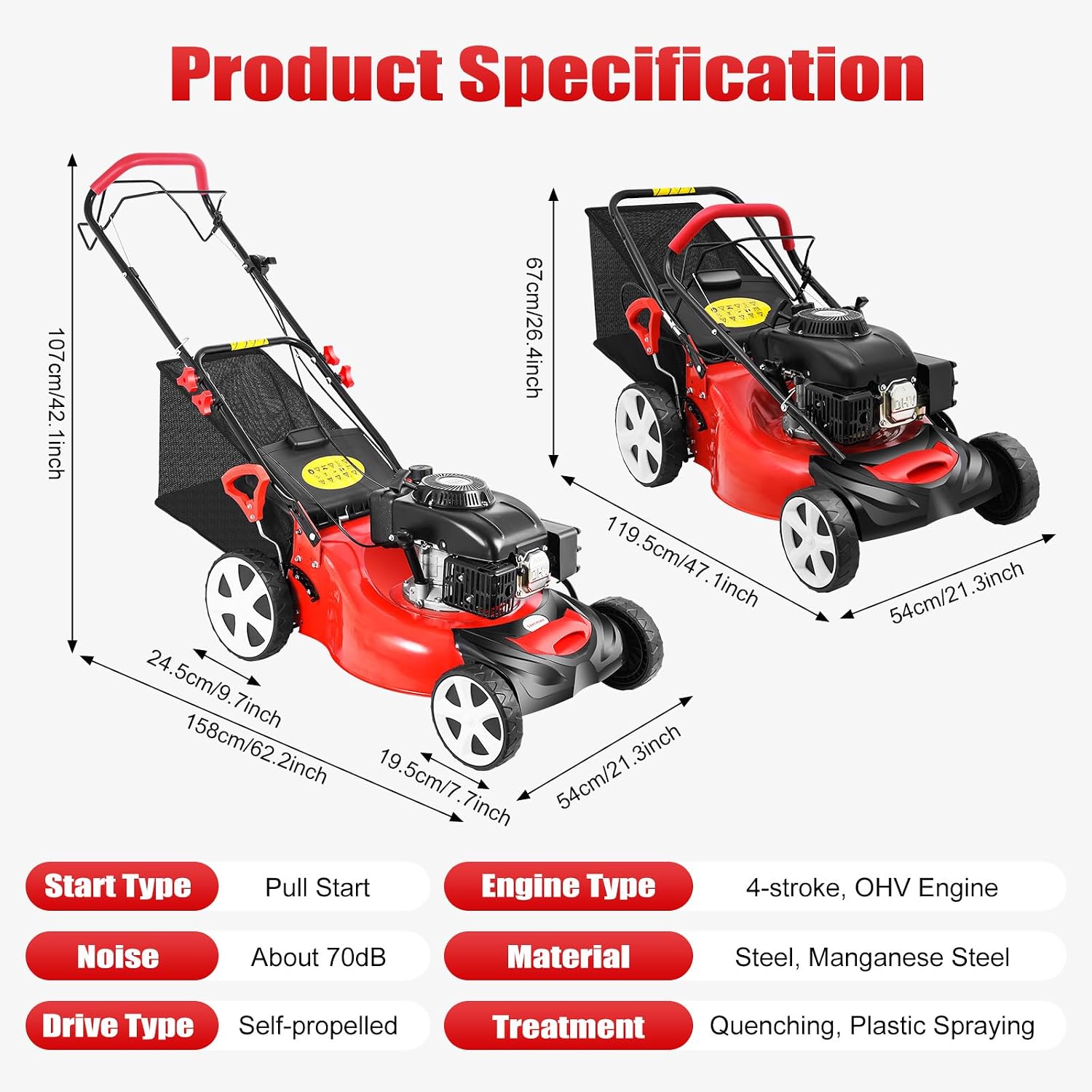 140cc Gas Powered Lawn Mower, Self-Propelled 3-in-1 with Bag, 20-Inch Cutting Deck, 4-Stroke Engine, 8 Adjustable Heights, Walk-Behind Lawn Mower or Medium to Large Yards