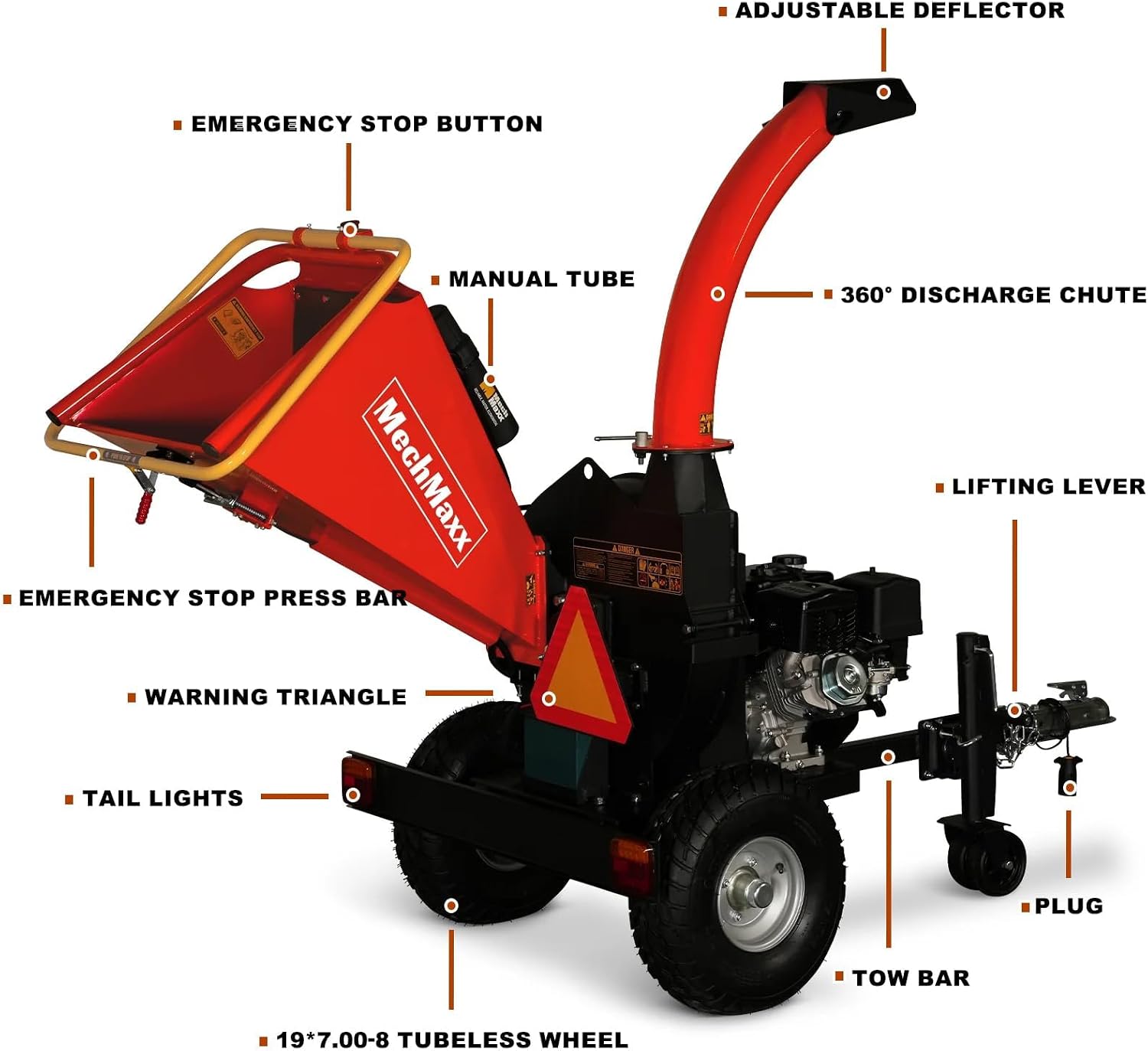 MechMaxx 5'' Inch E-Start 420cc 15hp Gas Powered Wood Chipper Shredder Mulcher with Tail Light, Towbar, Emergency Stop Button, Stop Bar, Model P4205 Red