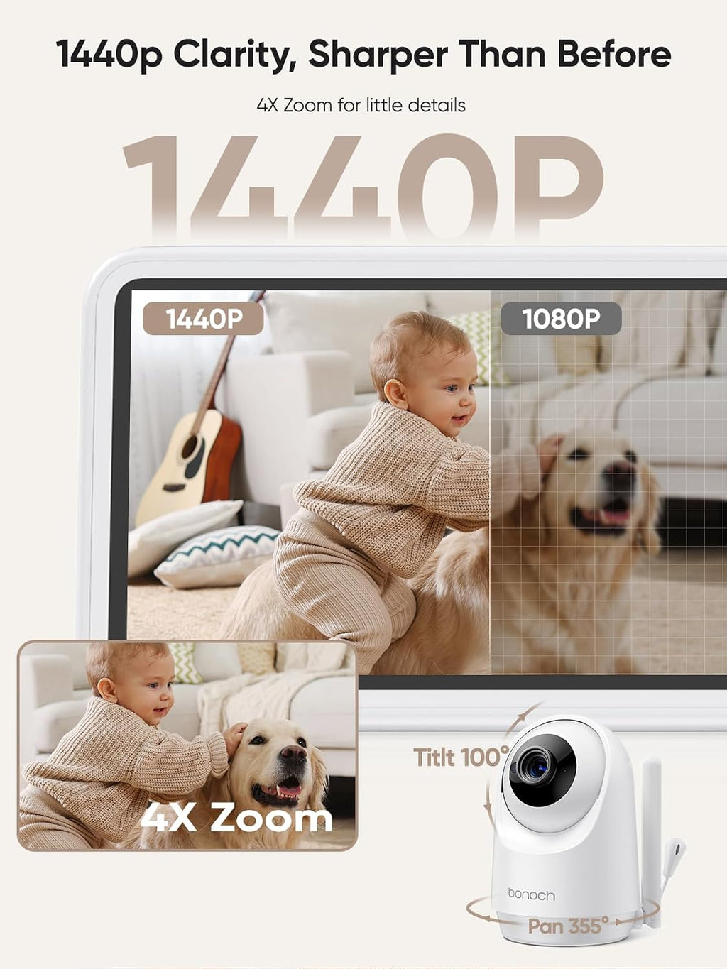 bonoch 5.5' 1440p Baby Monitor with Camera and Audio with Wall Mount, No WiFi Baby Camera, 240h Lasting, Smart Detect Sleep Turn Over/Cry/Motion, 7800mAh, Hack Proof Video Monitor, White Noise