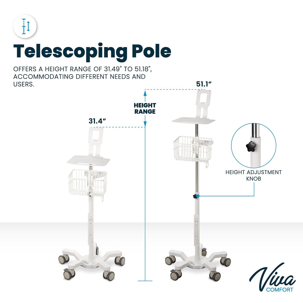VivaDiagnostics Rolling Stand Vital Signs Monitor for WE 7000 Series Connex Spot, (Monitor NOT Included), Blood Pressure Cuff Basket, Work Surface, Adjustable Pole, and Cord Organizer