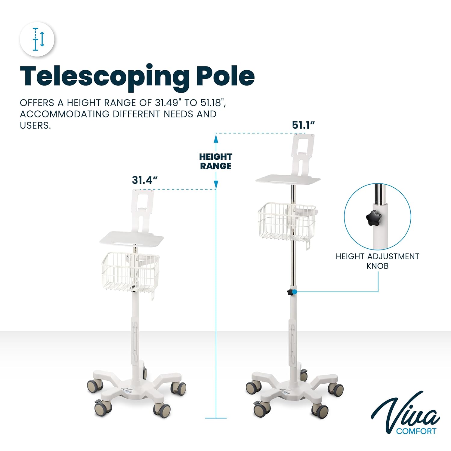 VivaDiagnostics Rolling Stand Vital Signs Monitor for WE 7000 Series Connex Spot, (Monitor NOT Included), Blood Pressure Cuff Basket, Work Surface, Adjustable Pole, and Cord Organizer
