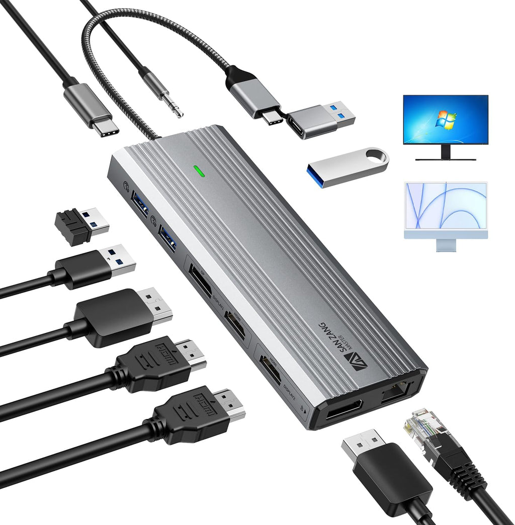 SAN ZANG MASTER Displaylink Dock,Displaylink Docking Station Dual Monitor,10Gbps USB C hub for MacBook M1/M2/M3/Windows,Laptop hub with 2 HDMI 4K,2 PD 4K, Ethernet,USB 3.2,Mic/Audio,100W PD