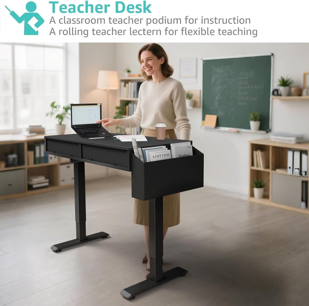 KLUVIS Electric Standing Desk with Drawers - 32 Inch Small Black Height Adjustable Sit Stand Desk with Storage for Home Office Bedroom, Study Writing Compact Stand up Computer Desks for Boys Girl Work