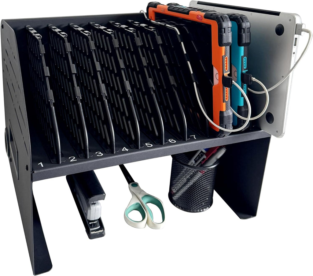 Laptop Charging Station for Classroom, Office, or Home, 10-Device Organizer with 6 AC Outlets & 4 Fast-Charging USB Ports, Fits Laptops, Tablets & E-Readers up to 1.375' Thick, 15.6'