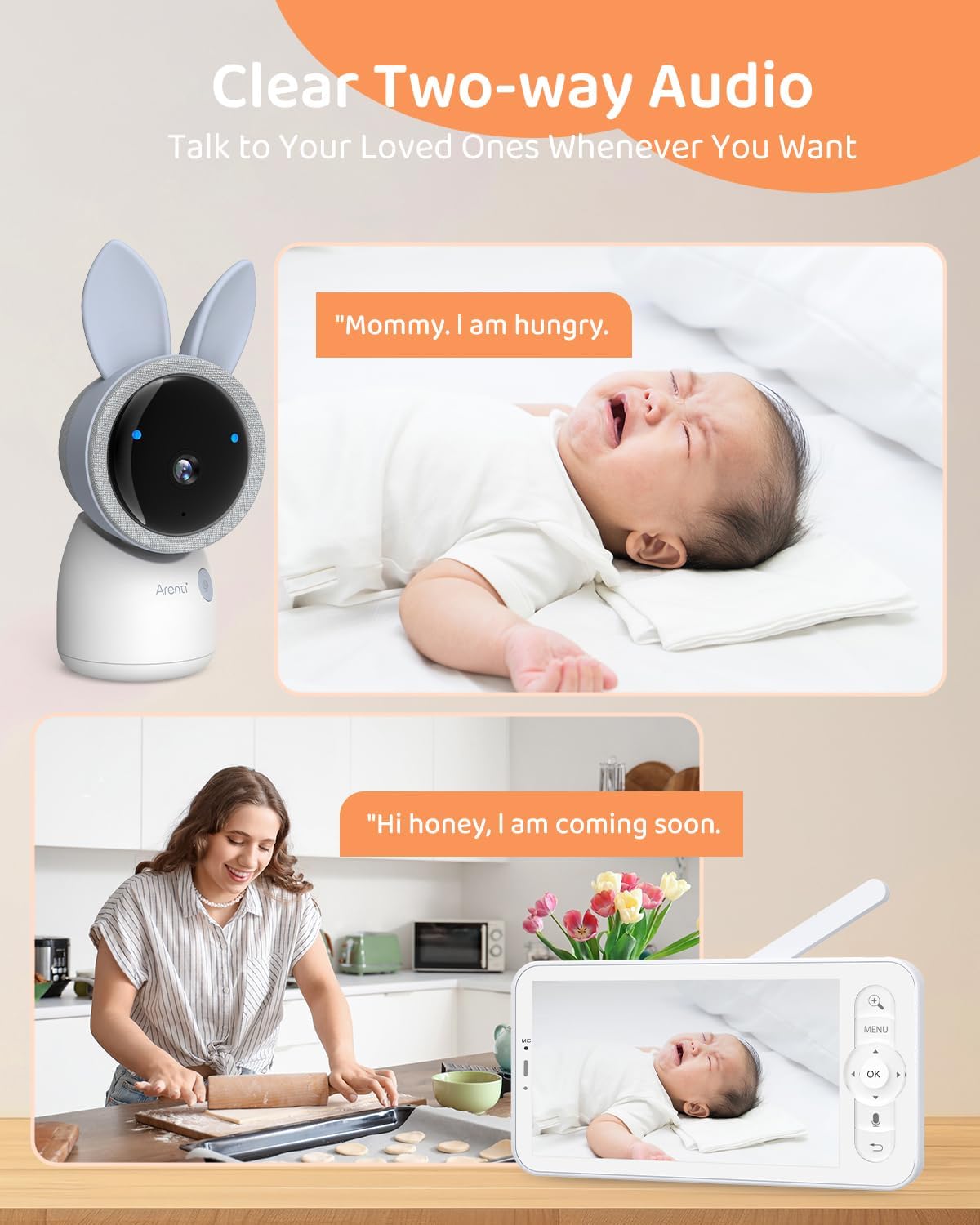 ARENTI 2.4G&5G Smart Baby Monitor with Camera and Audio, 5'' WiFi/No-WiFi 4MP Split Screen with Night Light, Smoothing Lullabies, Cry&Motion Detection, Temp&Humidity Senor, Free APP with Motion Video
