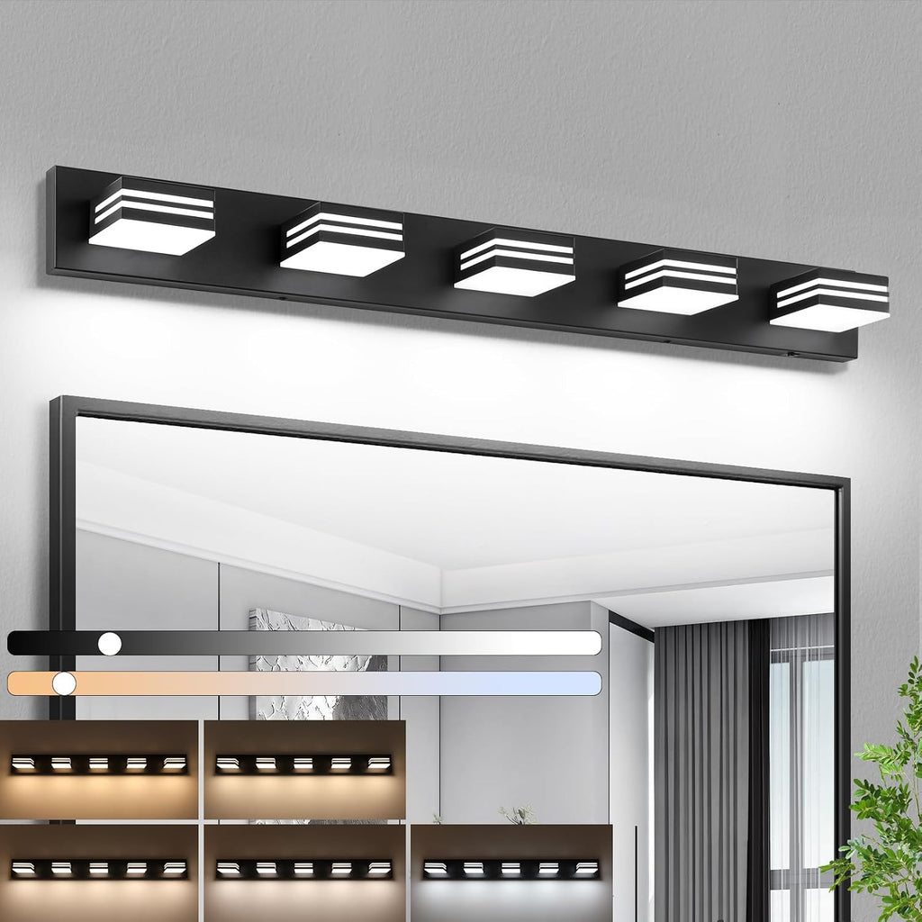LED Modern Bathroom Vanity Light Fixtures (5-Light, 40-Inch)(5CCT, Dimmable), Matte Black Modern Bathroom Wall Lighting Fixtures Over Mirror (3000K/3500K/4000K/5000K/6000K)