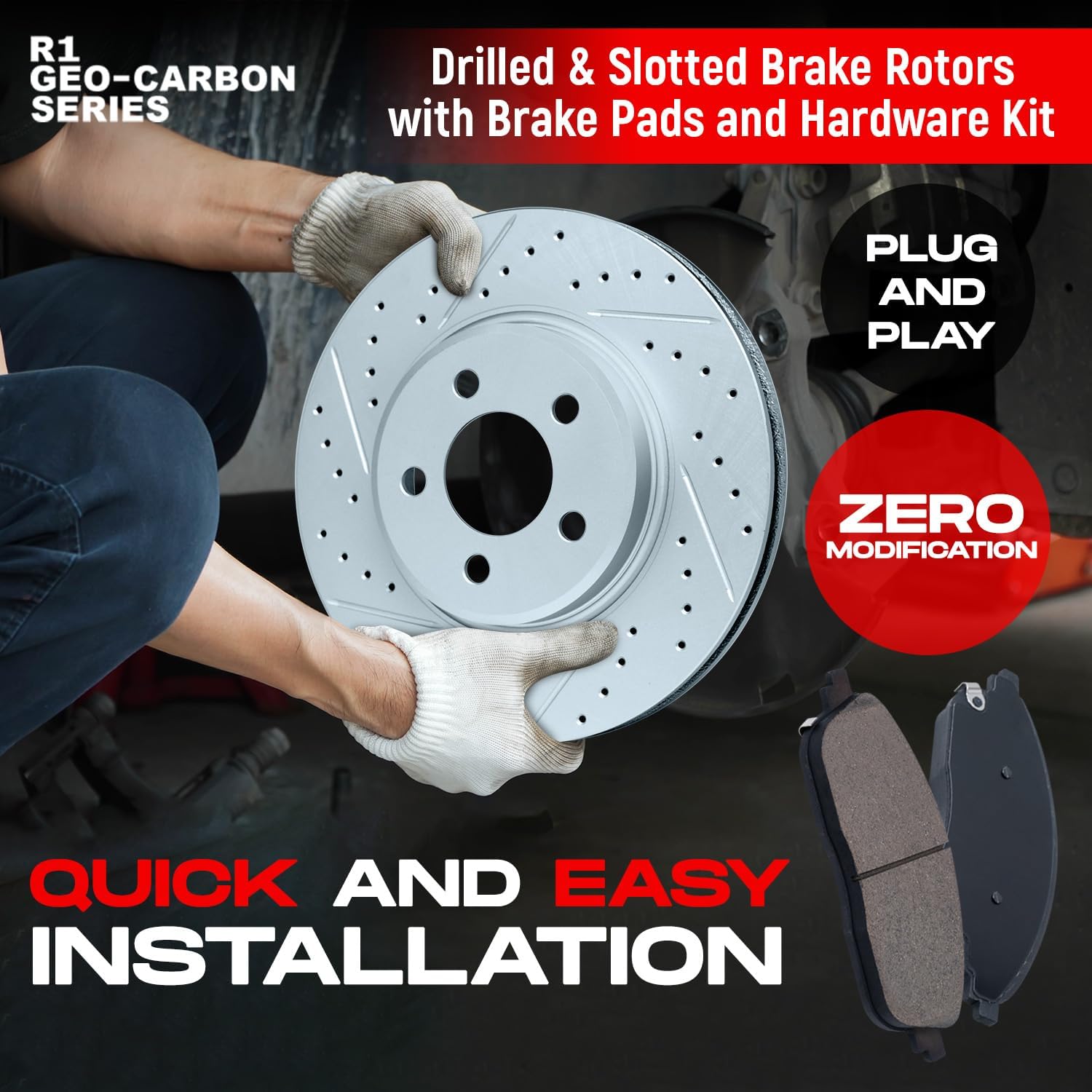 R1 Concepts Front Brake Kit Fits 2011-2019 Ford Fiesta| Optimum Oep Pads, Drilled Slotted Rotors| Hardware| 10.2' Front