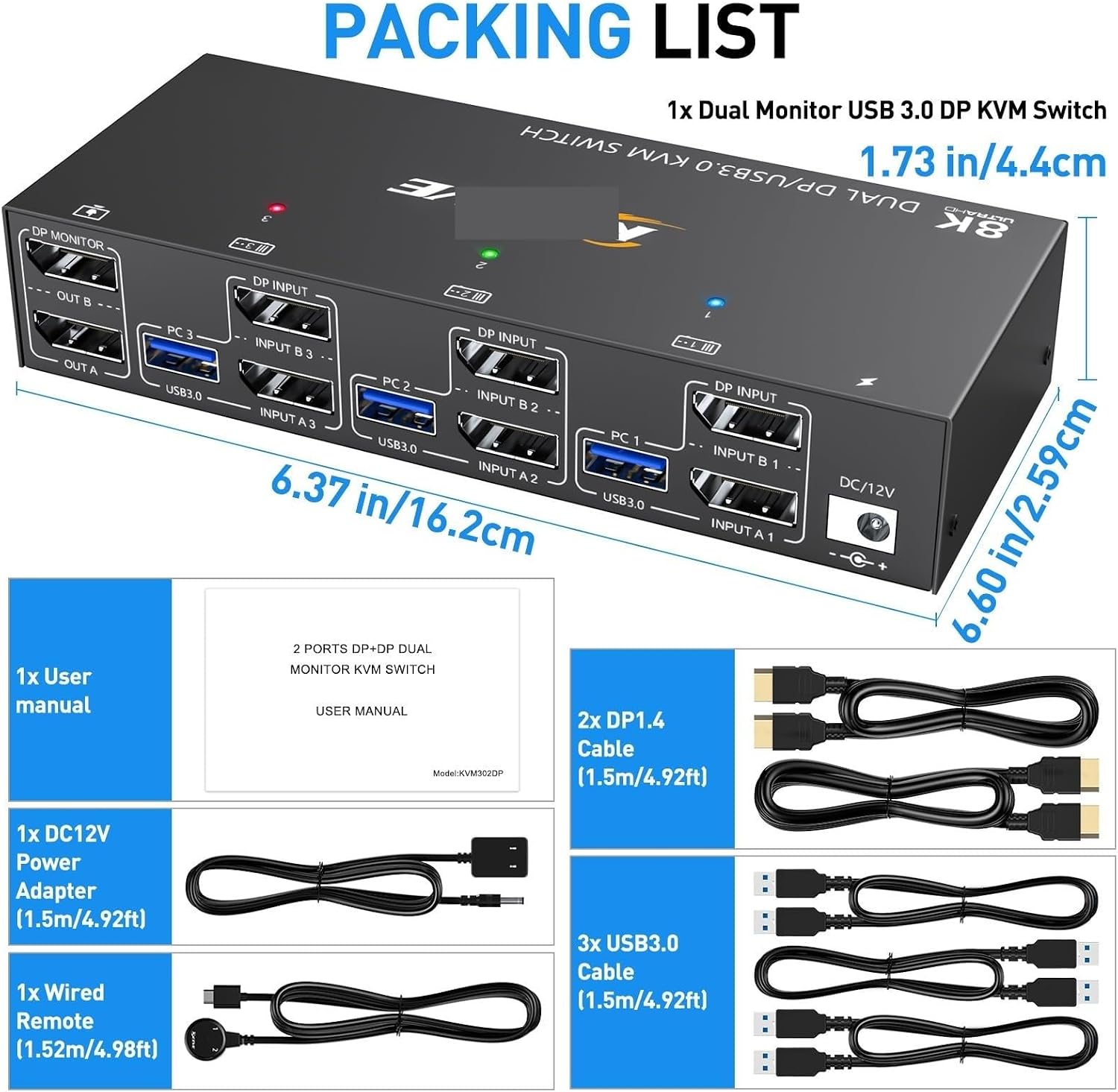 Dual Monitor KVM Switch USB 3.0 Displayport KVM Switch 2 Monitors 3 Computers 3 Computers Share 2 Monitor(302DP EU)