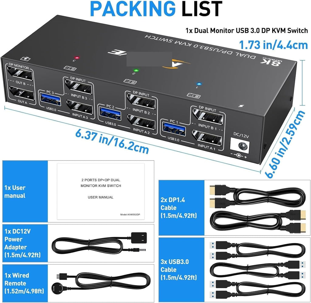 Dual Monitor KVM Switch USB 3.0 Displayport KVM Switch 2 Monitors 3 Computers 3 Computers Share 2 Monitor(302DP US)