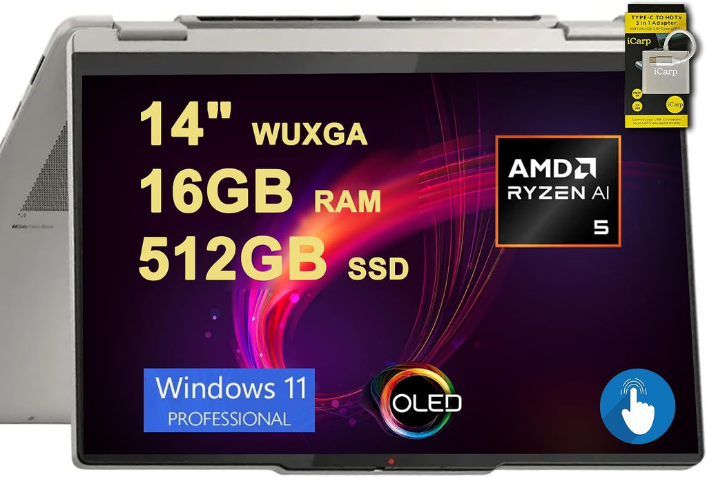 Lenovo Yoga 7 2-in-1 Laptop 14' WUXGA OLED Touch (100% DCI-P3, 600nits HDR) AMD 6-core Ryzen AI 5 340 (Up to 50 Tops) 16GB DDR5 512GB SSD for Creator Business Work Win11Pro ICP Hub