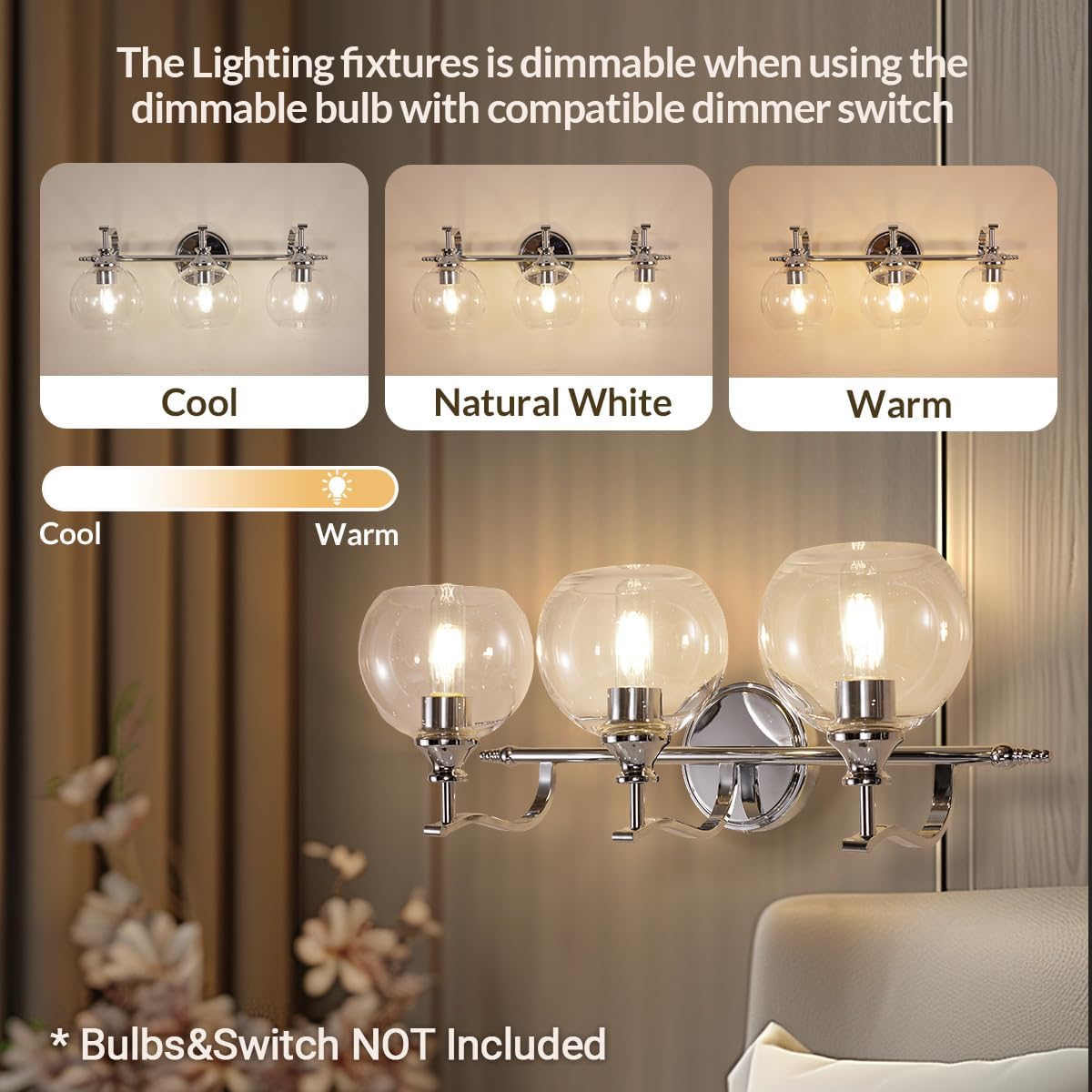 ANDY STAR Chrome Vanity Light, 3-Light Polished Silver Bathroom Light Fixture Over Mirror, Modern Wall Sconce with Clear Glass Shade, Industrial Wall Lighting for Living Room, Bedroom, Hallway, 22.3'