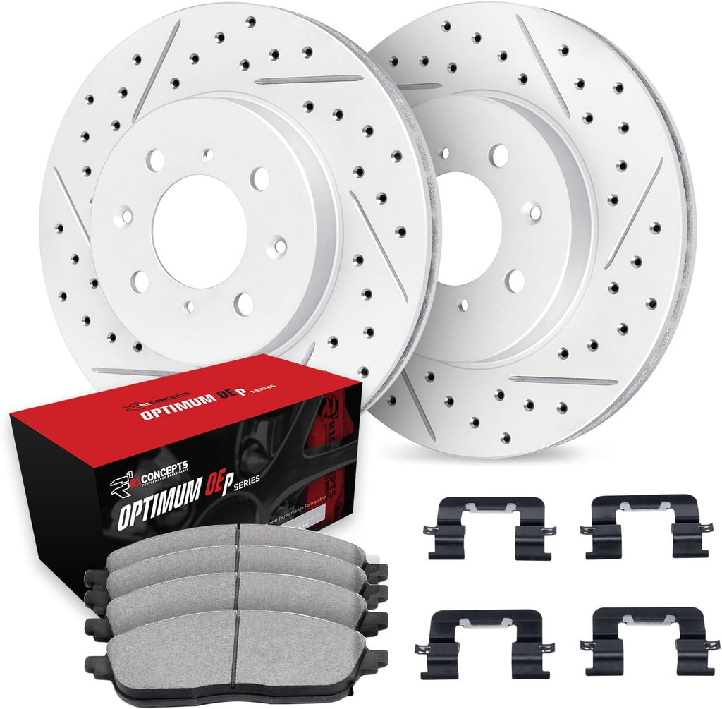 R1 Concepts Front Brake Kit Fits 2011-2019 Ford Fiesta| Optimum Oep Pads, Drilled Slotted Rotors| Hardware| 10.2' Front
