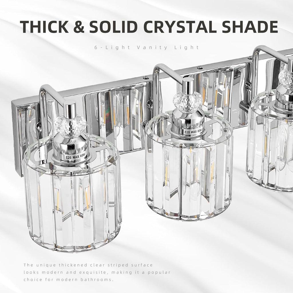 6-Light Modern Bathroom Light Fixture Chrome Bathroom Vanity Lights Over Mirror Wall Sconce Lighting with K9 Crystal Shades E26 Base for Bedroom, Living Room, Hallway Wall Lamp