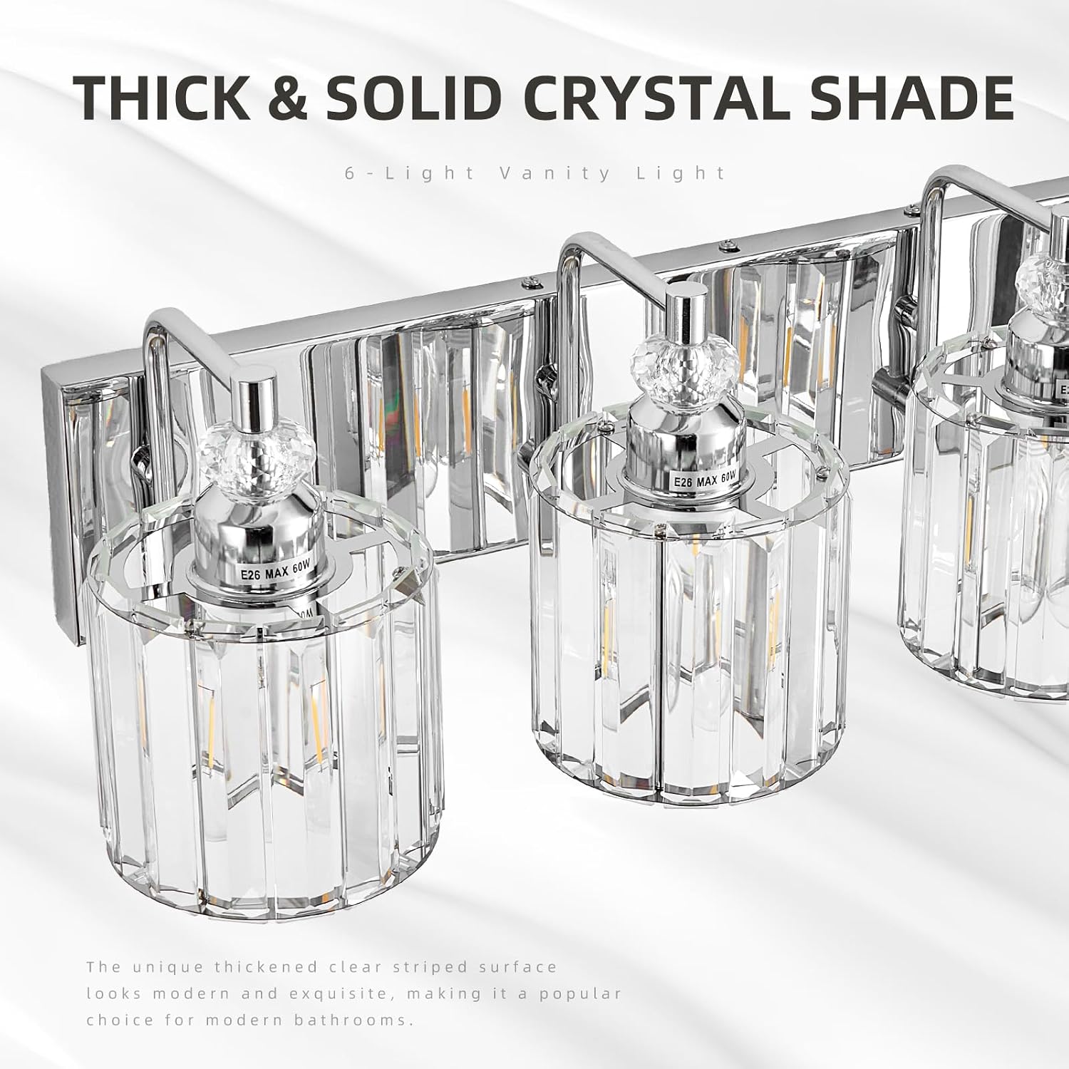 6-Light Modern Bathroom Light Fixture Chrome Bathroom Vanity Lights Over Mirror Wall Sconce Lighting with K9 Crystal Shades E26 Base for Bedroom, Living Room, Hallway Wall Lamp