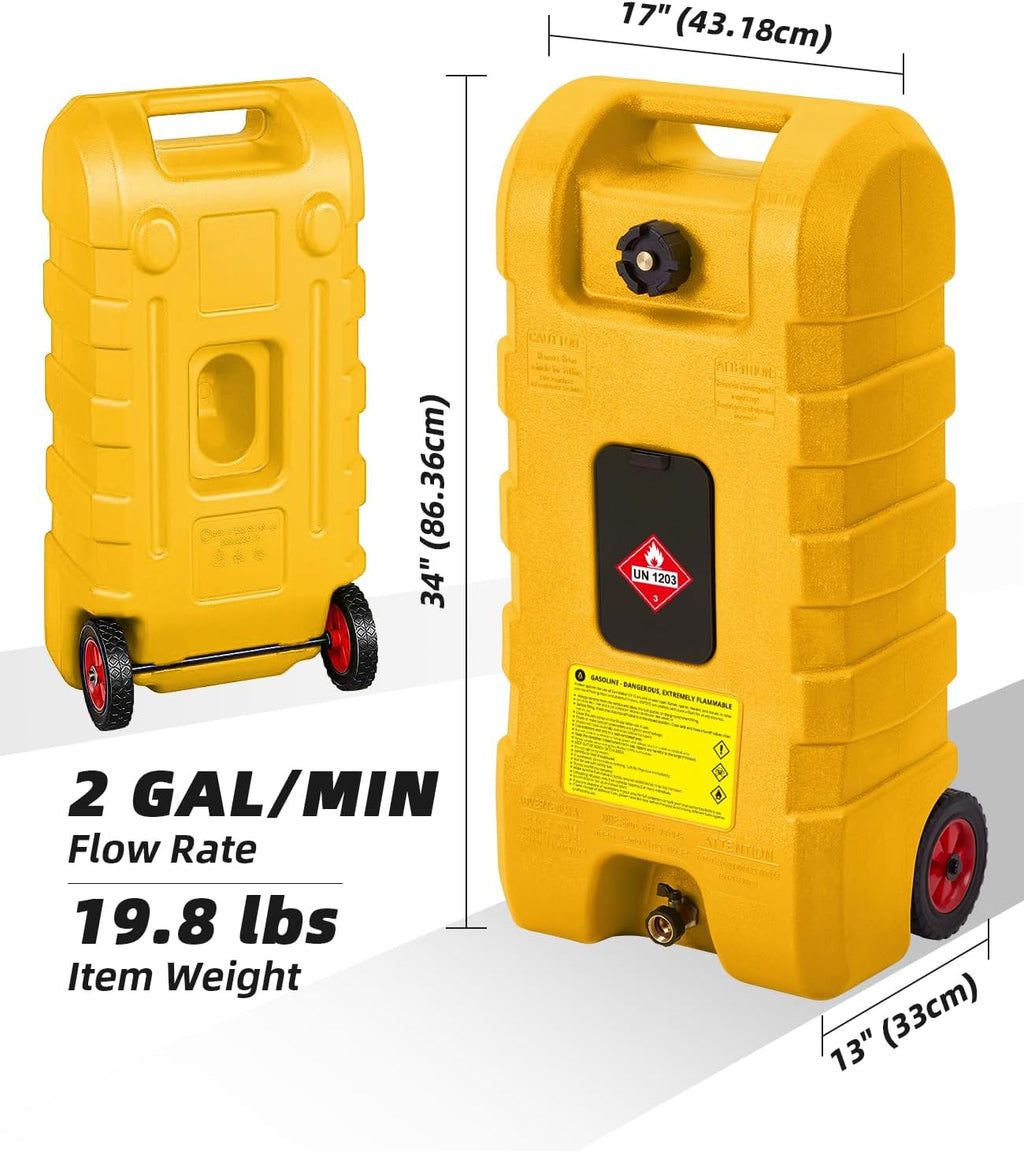 15 Gallon Gas Can, Heavy-Duty Fuel Tank with Manual Transfer Pump & 10FT Hose, Portable Gas Caddy with Wheels, Leak-Proof Gas Container for Lawn Mowers, Cars, Boats, ATVs, Yellow